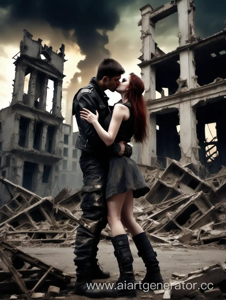 Поцелуй влюблённых на фоне руин постапокалипсиса