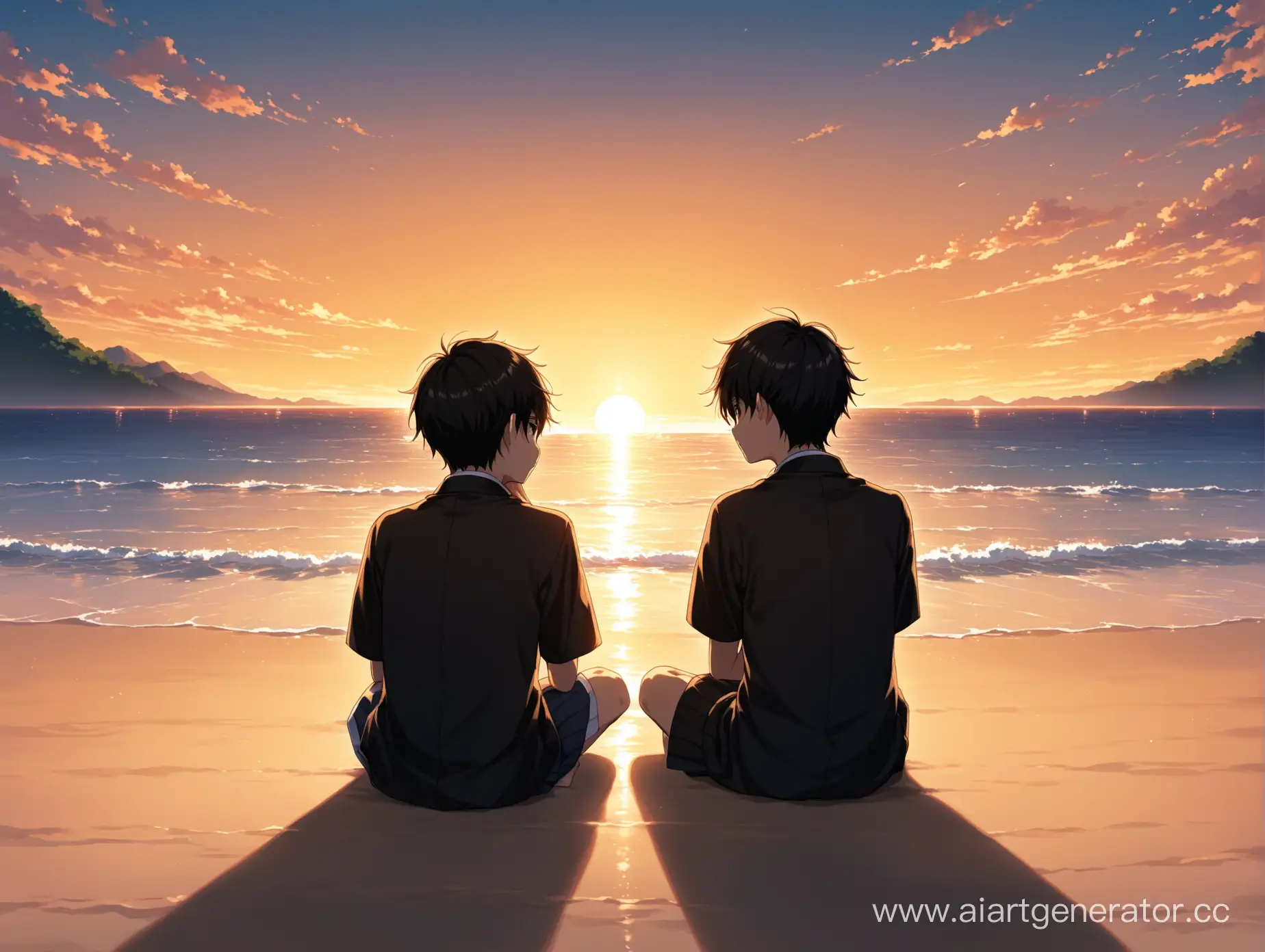 два японских школьника сидят на японском пляже, вид сзади. вокруг нет людей, мальчики сидят близко друг к другу, закат. обоим мальчикам 17-18 лет. очень темно. один мальчик достает макушкой до уровня глаз другого