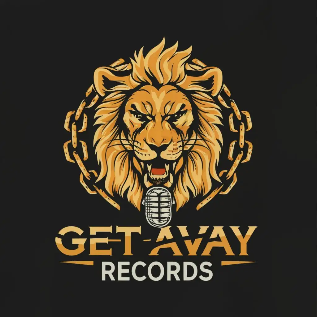 logo, Lion, chain broken, Microphone, with the text "GetAway Records", typography, be used in Entertainment industry