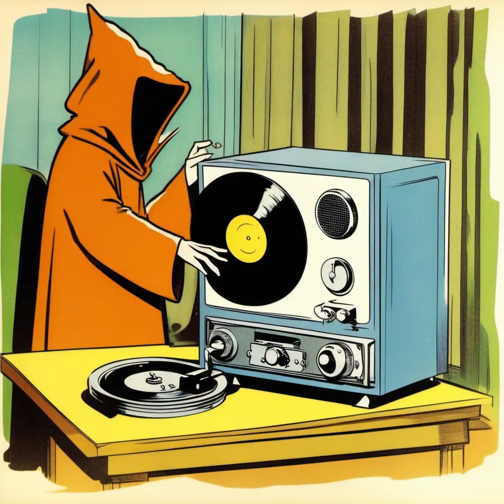 saturday morning cartoon in the 1960s, television show showing little faceless cloaked character listening to record player in the 60's, hanna barbera style cartoon artwork