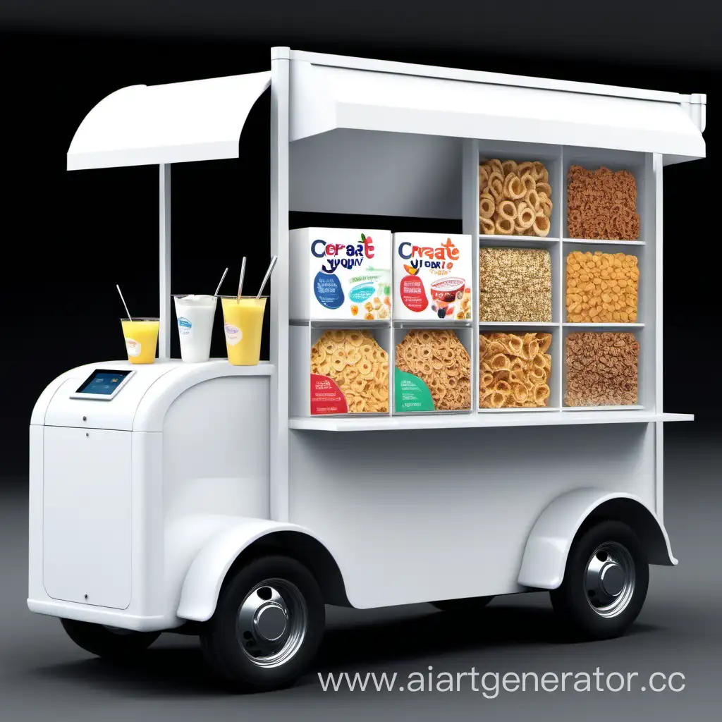 Crea un negocio ambulante de yogurt con cereal que tenga otros derivados lacteos sobre el negocio. Este debe ser portatil y verse sofisticado