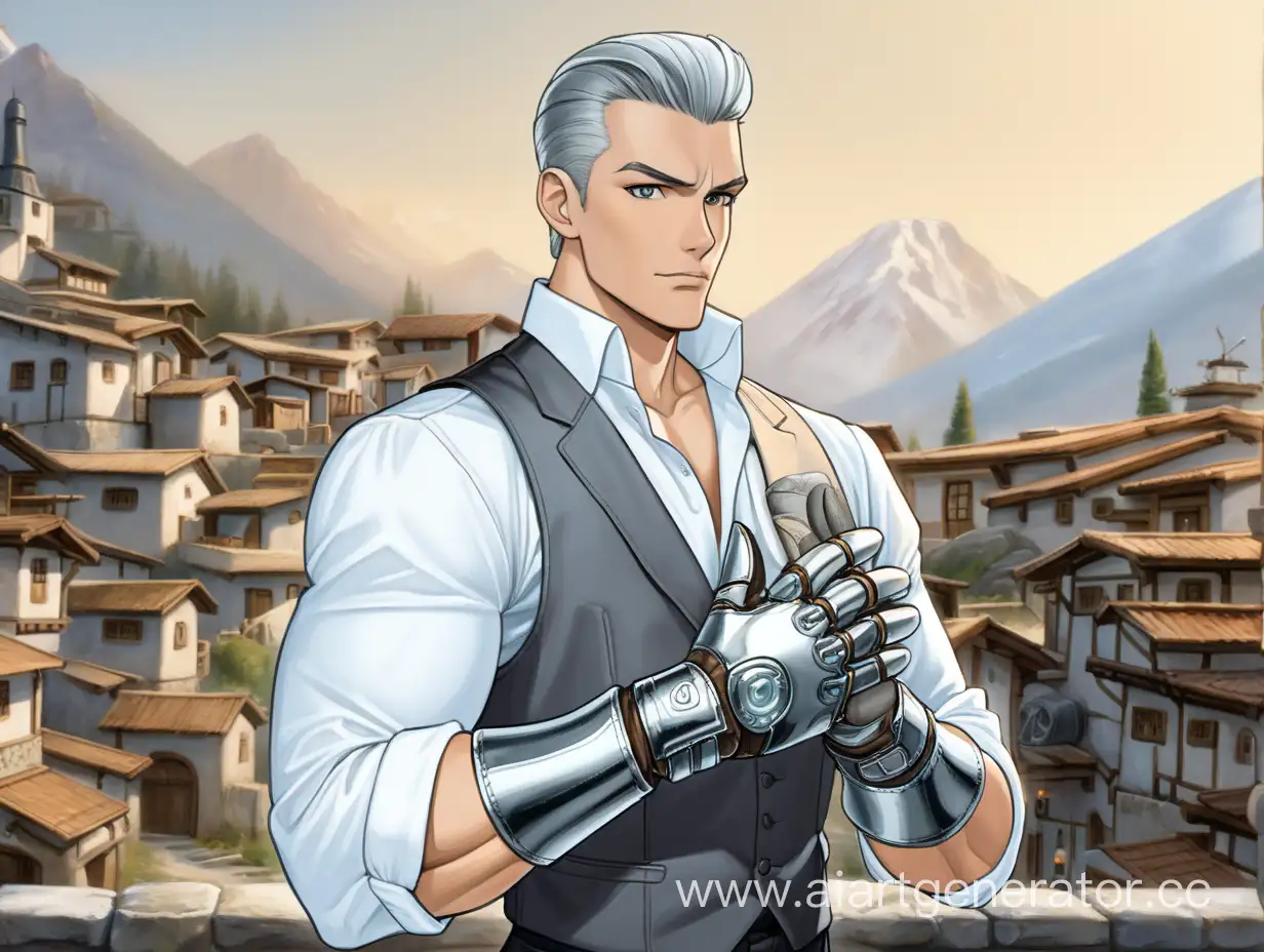  накаченный Молодой человек с серыми зализанными волосами без косички, одет в белую рубашку и серую жилетку, на руках большие металлические механические перчатки, стоит на фоне деревни в горе