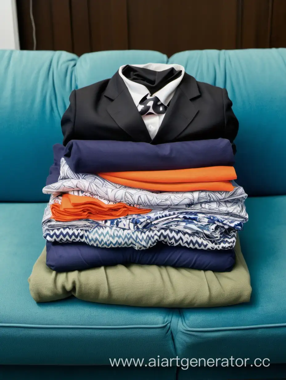 сшитые в домашних условиях вещи: футболки, брюки, майки, костюм, носовые платки лежат в стопке на синем диване
