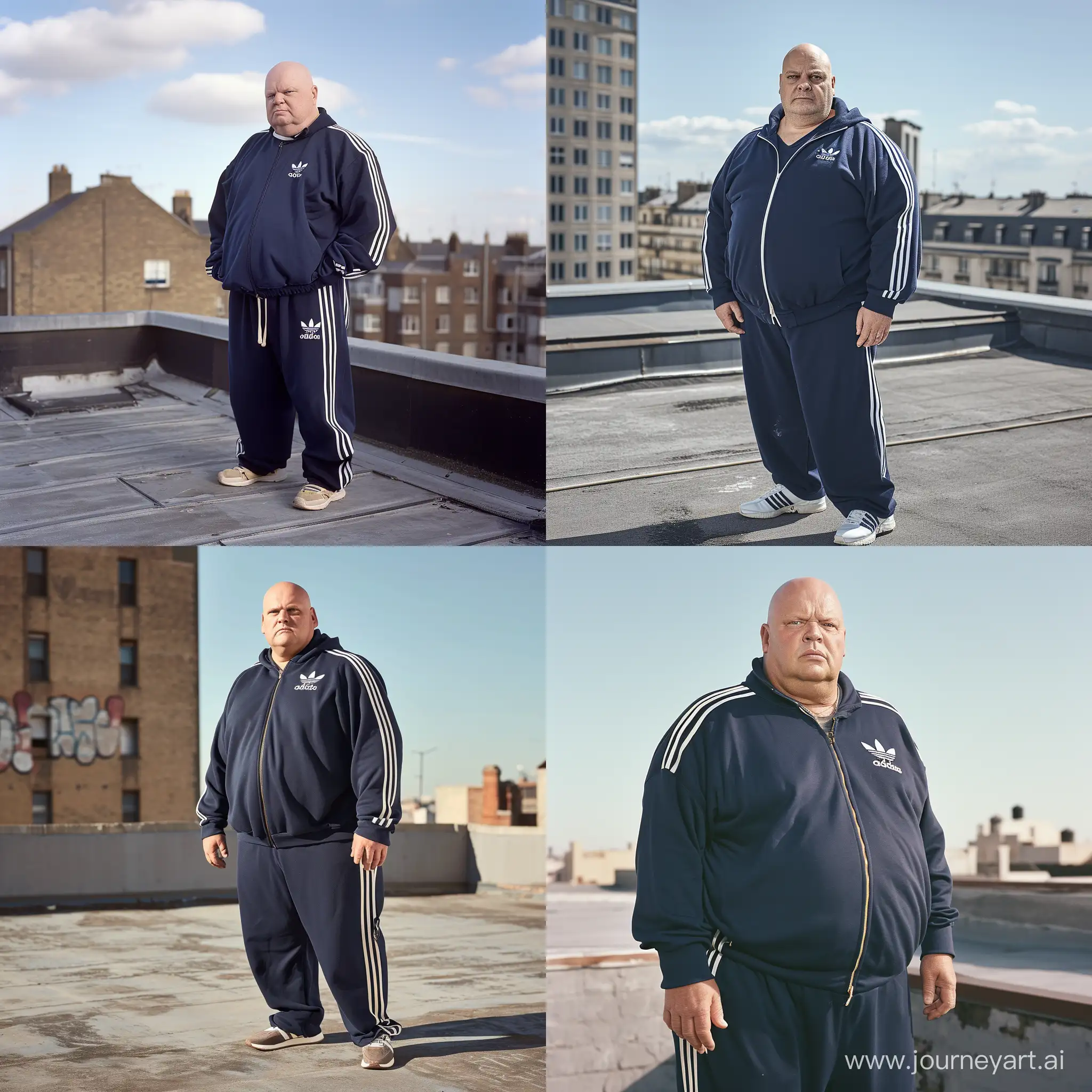 overweight man aged 70 wearing a navy adidas tracksuit, rooftop, daylight, clean shaven, bald --v 6