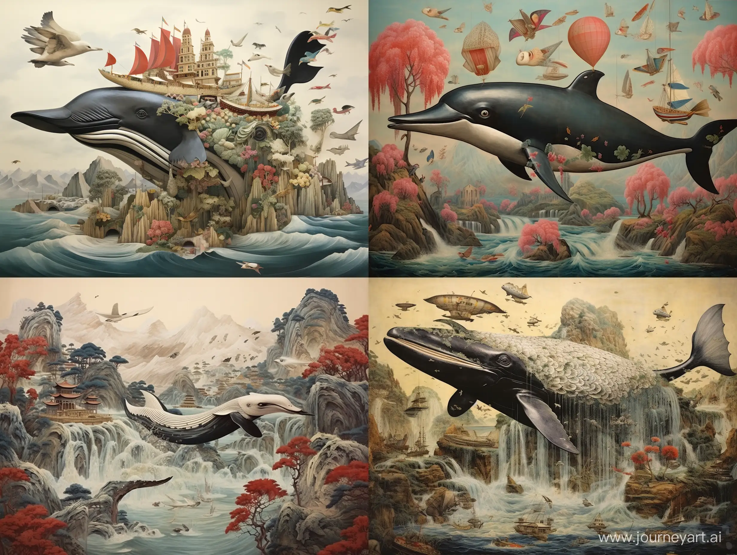 Whale-Collage-Fusion-of-Birdthemed-Chinese-and-Western-Paintings