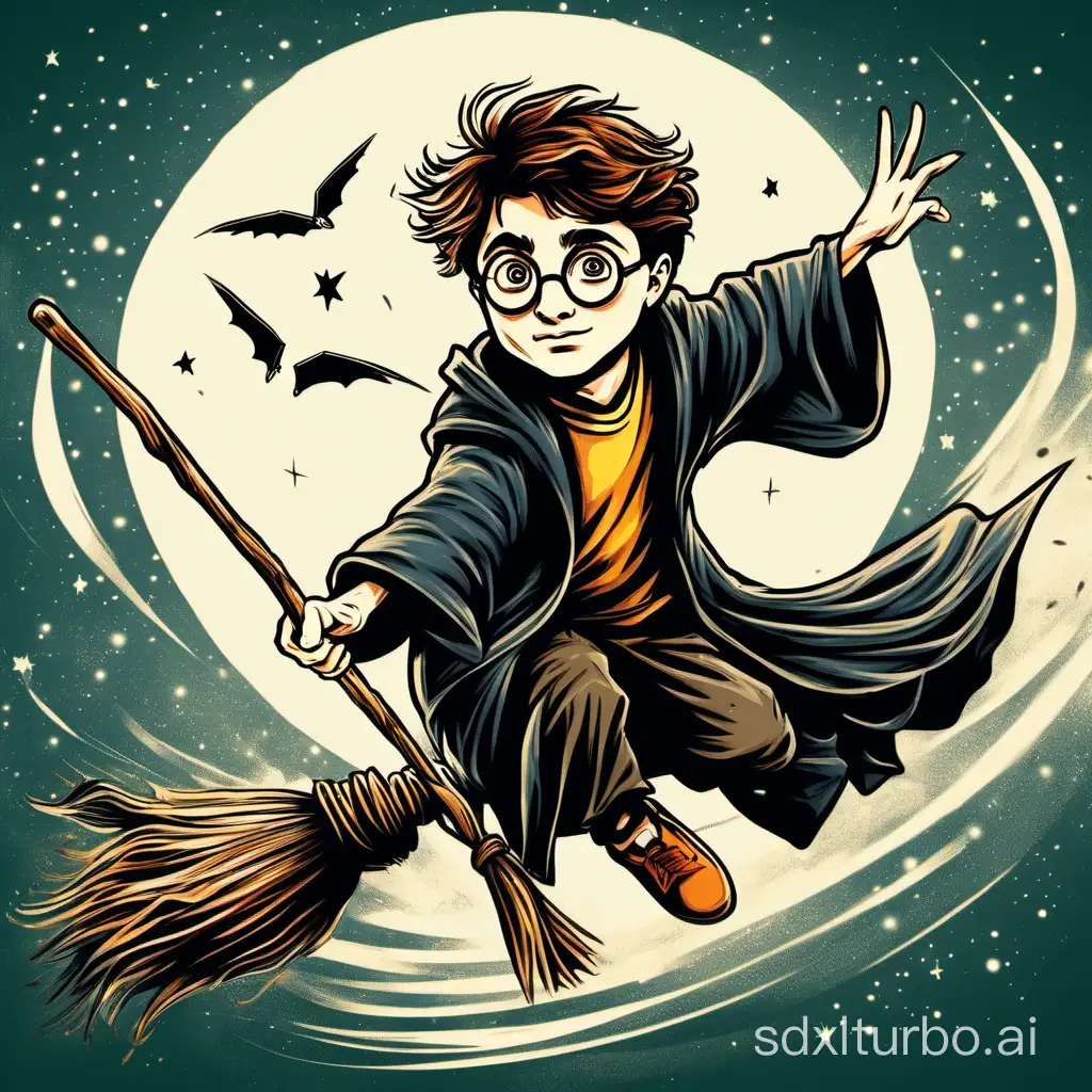 The drawn character Harry Potter is flying on a broomstick