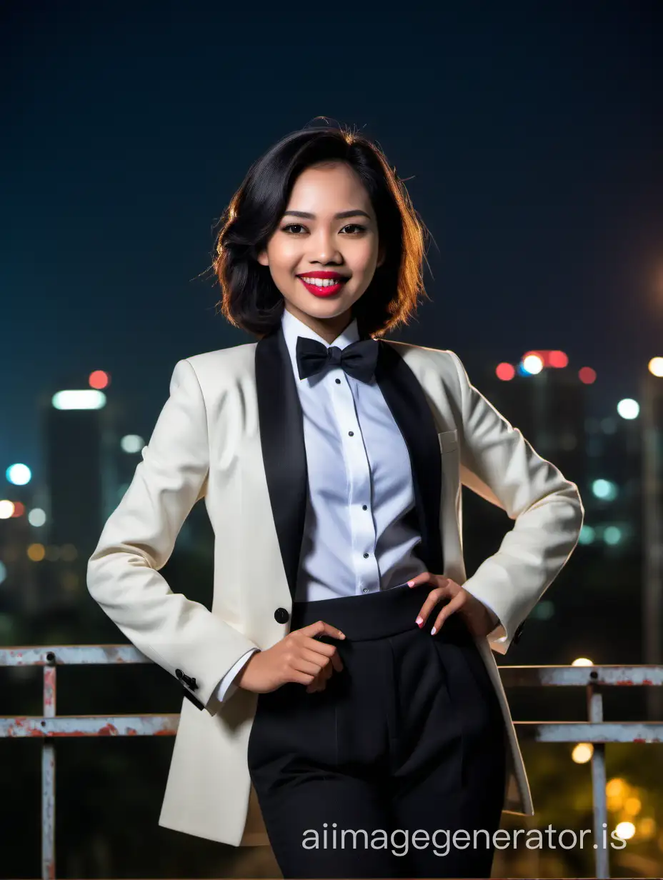 It is night. A cute and sophisticated and confident and smiling Indonesian woman with shoulder-length hair and lipstick. She is facing you while walking toward the edge of a scaffold. She is wearing an ivory tuxedo with an open black jacket. Her shirt is white. Her bowtie is black. Her cummerbund is black. Her pants are black. Her cufflinks are black. She is relaxed. Her jacket is open. She is waving at you.