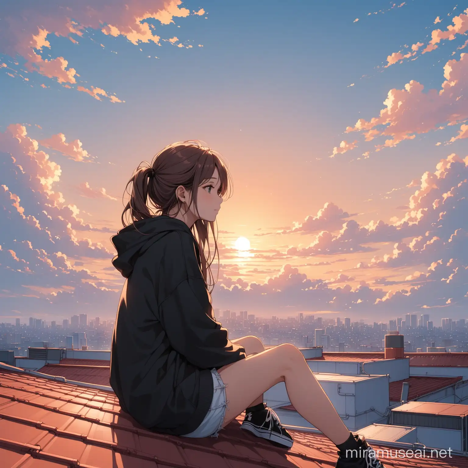 Aesthetic 20 years old girl seating on rooftop thought something, sky is cloudy