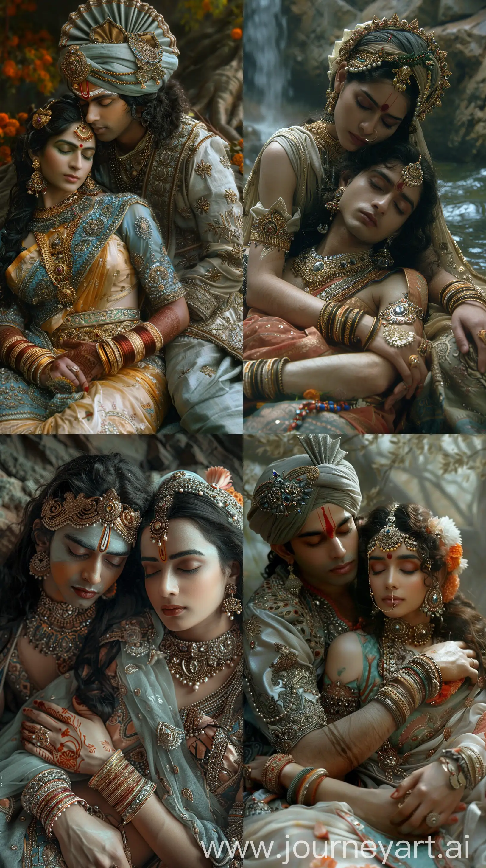 Lord Ram lying down while laying his head with his eyes closed on the lap of a beautiful looking woman, intricate decorative details, serene natural backdrop with soft ethereal lighting, high-resolution, close-up, emotive peaceful expressions, timeless Hindu mythology aesthetic --s 399 --ar 9:16 --v 6