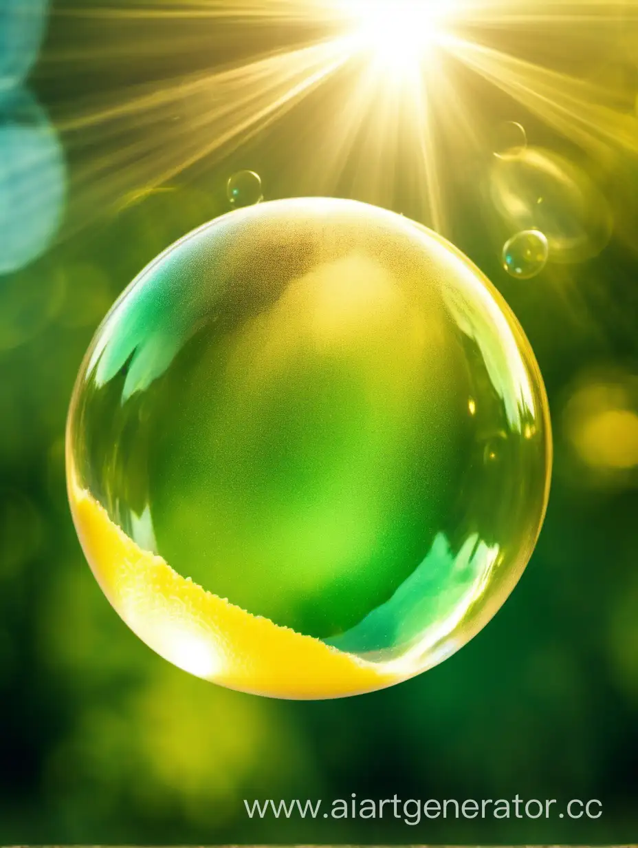фон с перспективой зелёный жёлтый   пузырь мыльный летает сверху, солнечный свет ,лимон размытый вдали красивое боке 
