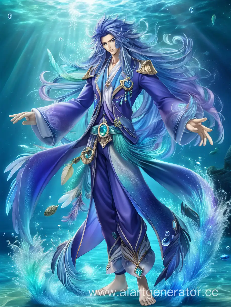 загадочный и магический персонаж с необычной внешностью. У него длинные волосы, сделанные из блестящих нитей, меняющихся от голубого до фиолетового и зеленого цветов, словно потоки воды. Его глаза сверкают яркими синими искрами, подобными звездам на ночном небе.

Одежда: Азуро носит потрясающие наряды, созданные из прозрачных материалов, которые плывут вокруг него, словно облака. Цвета его одежды отражают разные оттенки воды - от нежного голубого до глубокого синего и морской зелени. Каждая деталь на его одежде, будь то узоры, перья или камни, отражает величие морского мира.

Детали: Азуро украшает свою внешность синими и фиолетовыми аксессуарами, которые добавляют еще больше загадочности его облику. На его коже сверкают нежные узоры, словно рисунки, созданные волшебным касанием океана. Его шаги и движения легкие и грациозные, будто он плывет в танце с приливами.

Азуро - это персонаж, олицетворяющий загадку и красоту морской глубины. Его внешность и стиль наполнены магией и необычностью, притягивая внимание и вызывая восхищение. full body shot, head to toe, full-length view, wide field of view, centered, uncropped