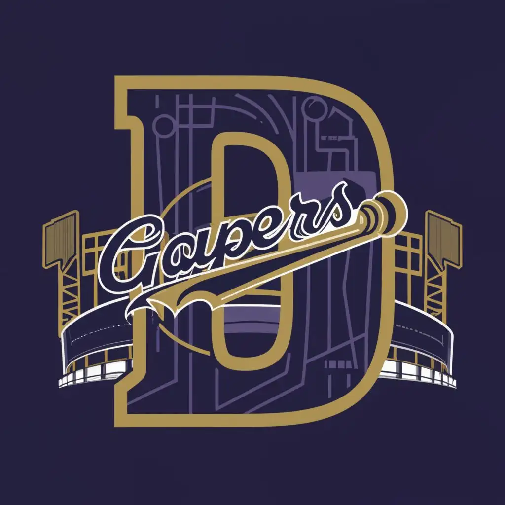 logo, The Letter D set in front of a baseball park outfield.  Color scheme of Midnight Purple, Silver and Vegas Gold., with the text "Denver Gapers", typography, be used in Sports Fitness industry