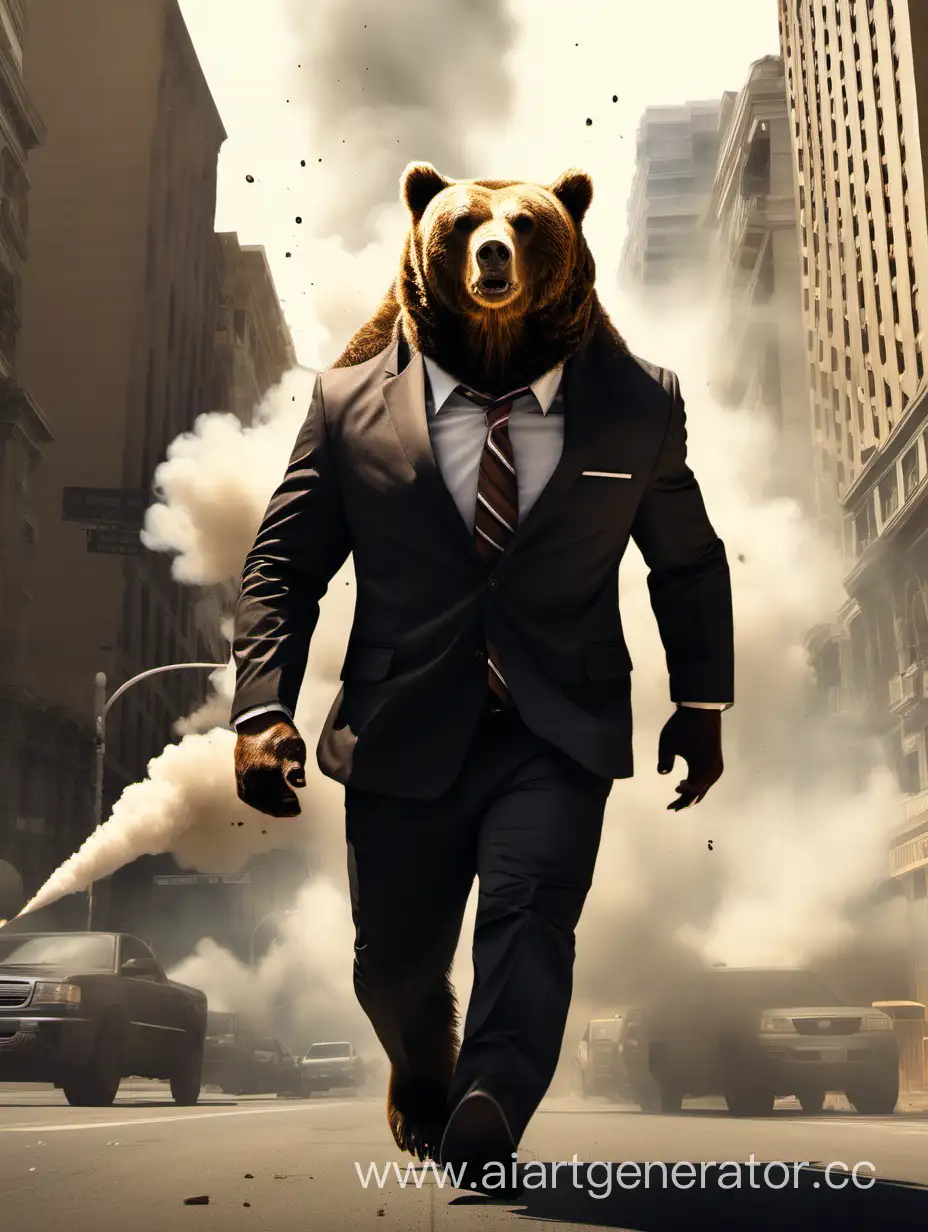 A brown bear without a face and in a business suit is walking down a city street, and behind him there is a strong explosion and a column of smoke reaches the bear