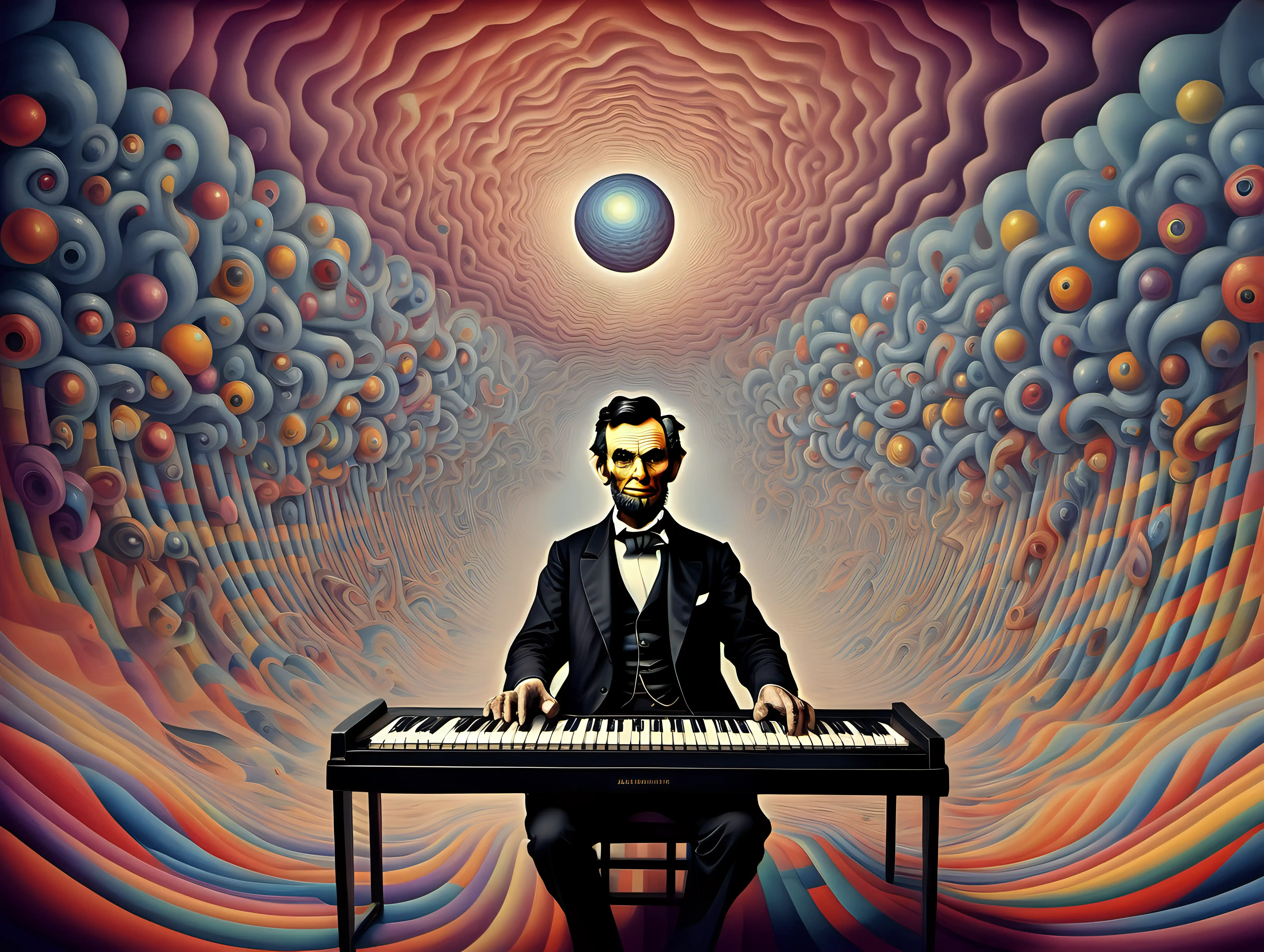 my mind on lsd while playing keyboards in style of surrealism and abstract by Abraham Lincoln