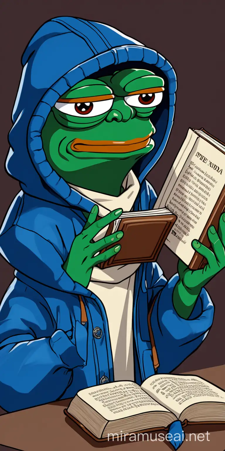 Pepe memes holding a book puting a blue hodie