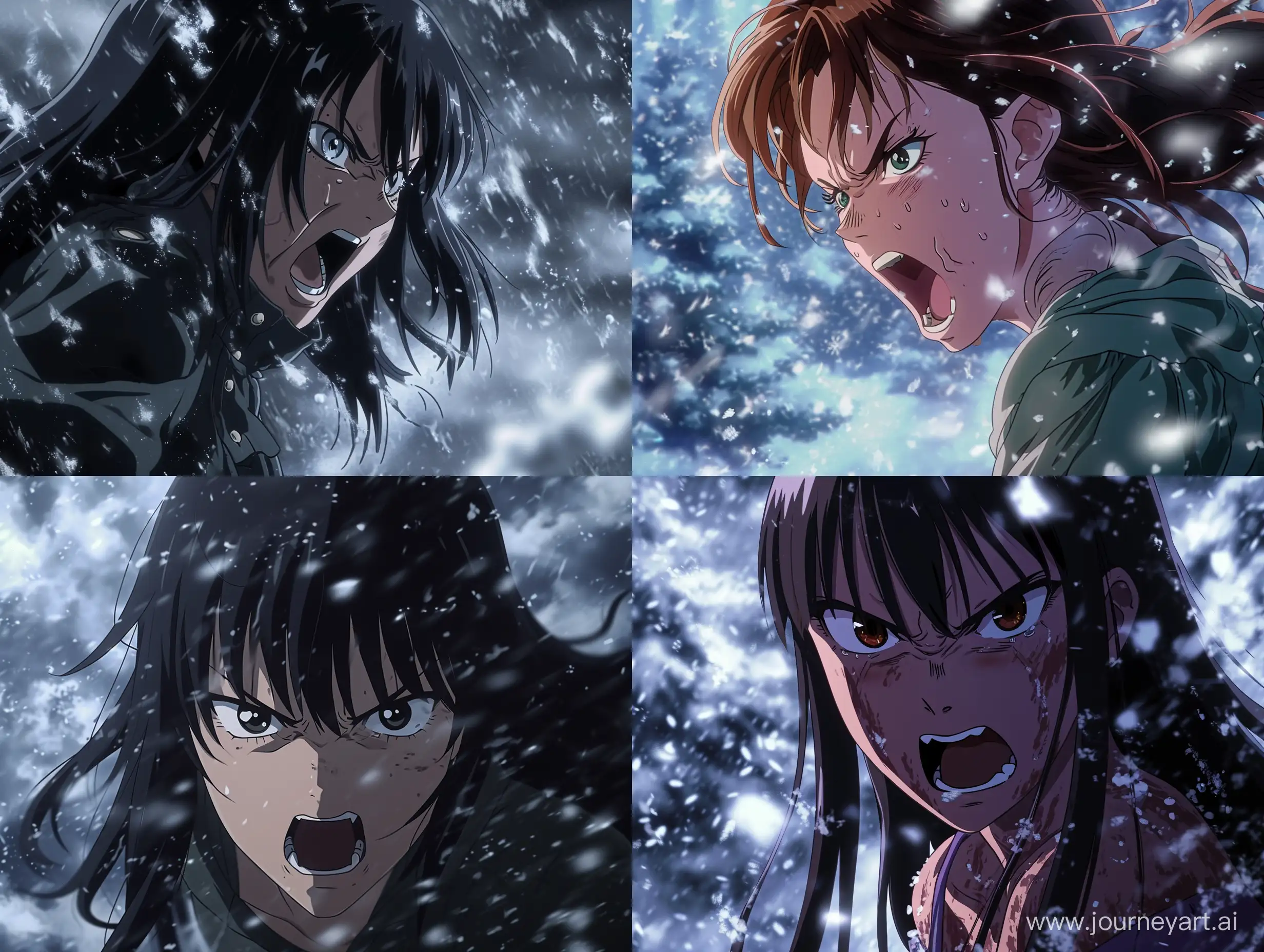 an anime scene , best quality, a yuuki onna getting angry , there is a snow storm behind her back , special effect,  shounen anime  --v 6 --ar 4:3 --q 2 --v 6 --ar 4:3 --q 2