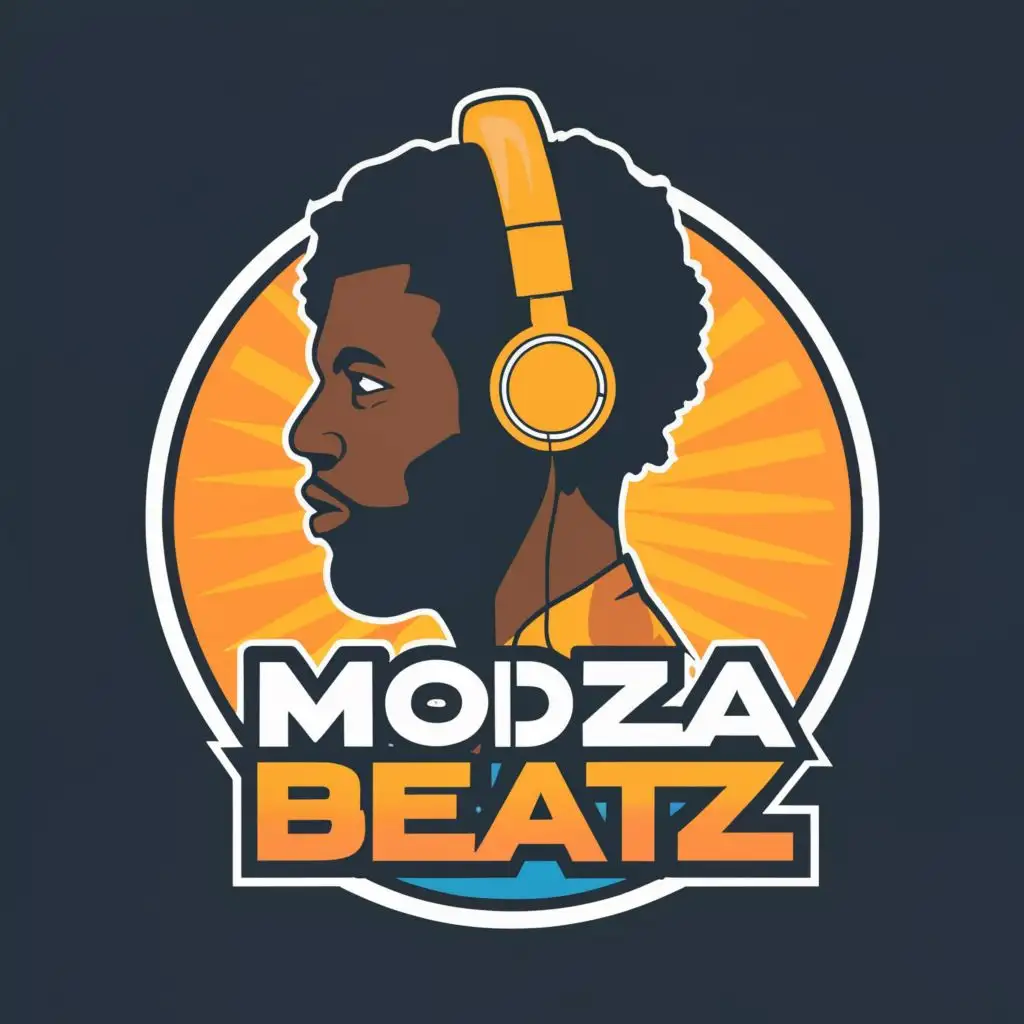 logo, Young african guy's head wearing headphones, african theme, with the text "Modza Beatz", typography, be used in Entertainment industry