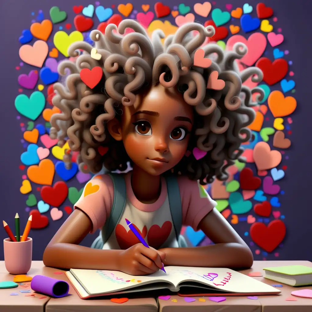 beautiful young black girl with natural curly hair writing in her journal with colorful hearts in the background
