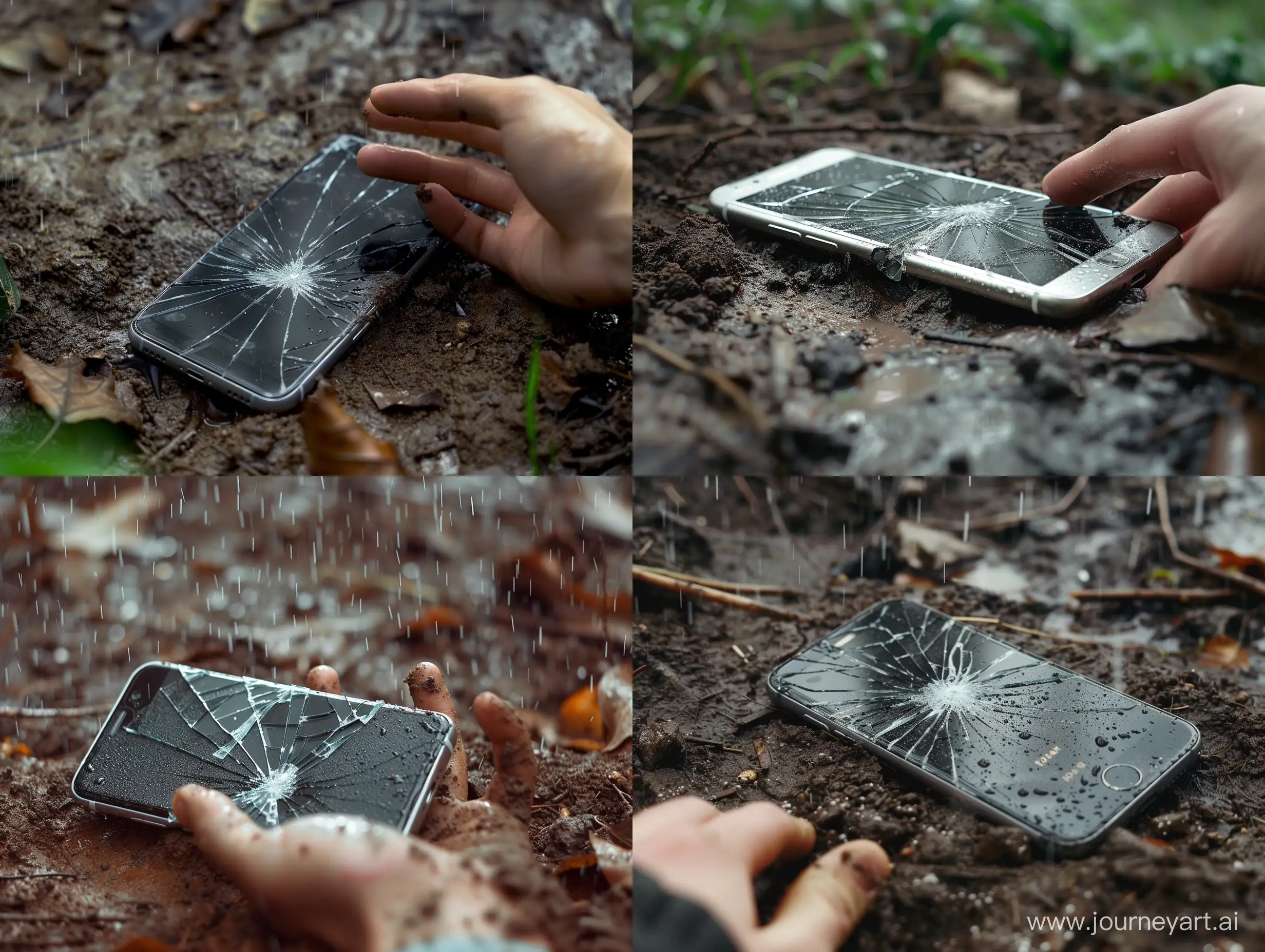 broken mobile phone with craked screenglass lays on the ground in dirt while raining, man hand is neaby partially seen, close-up view, realistic style, photo taked by Kodak 35mm