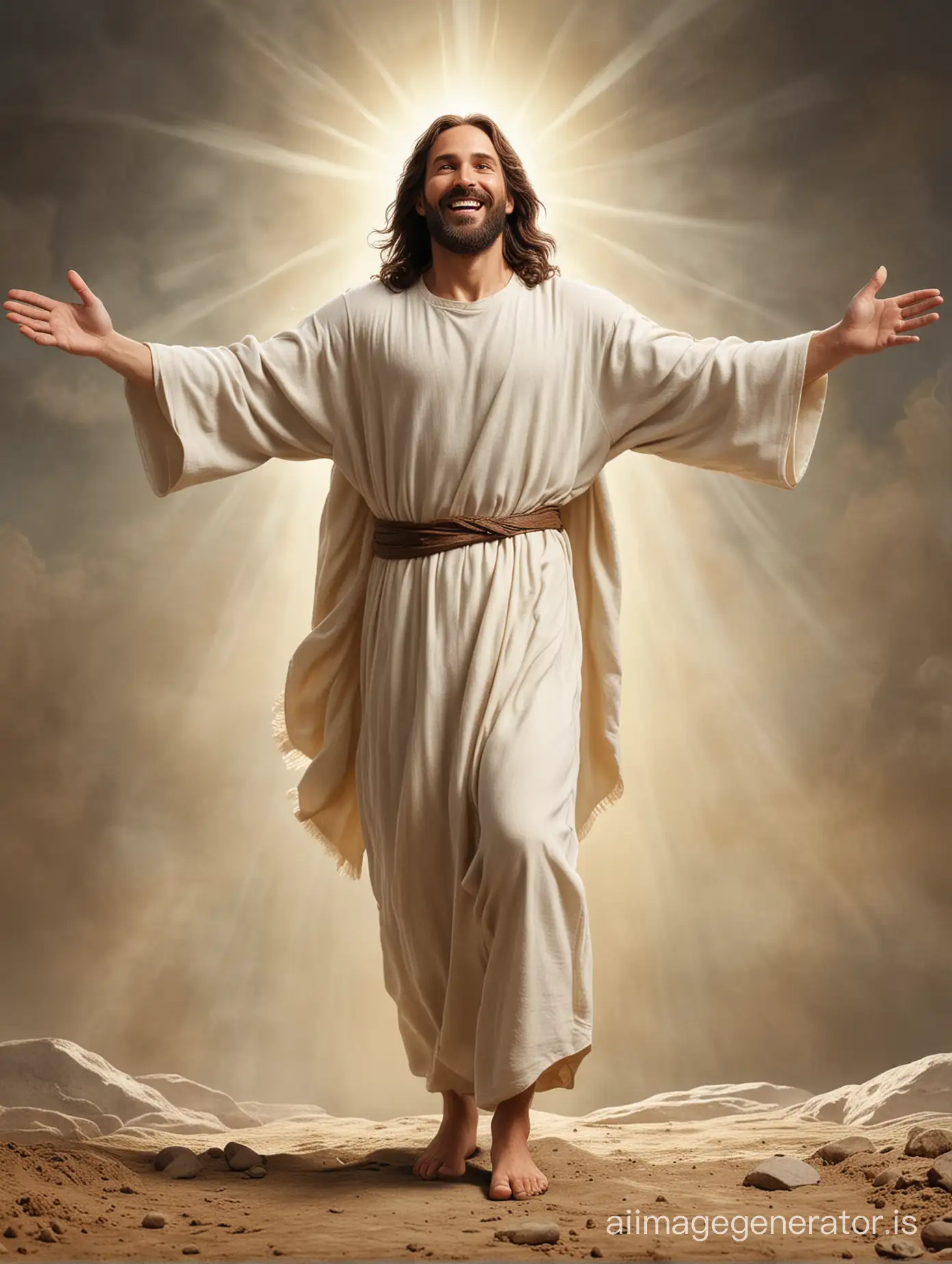 realistic picture of jesus resurrection, facing forward, smile, full body, spread his arms