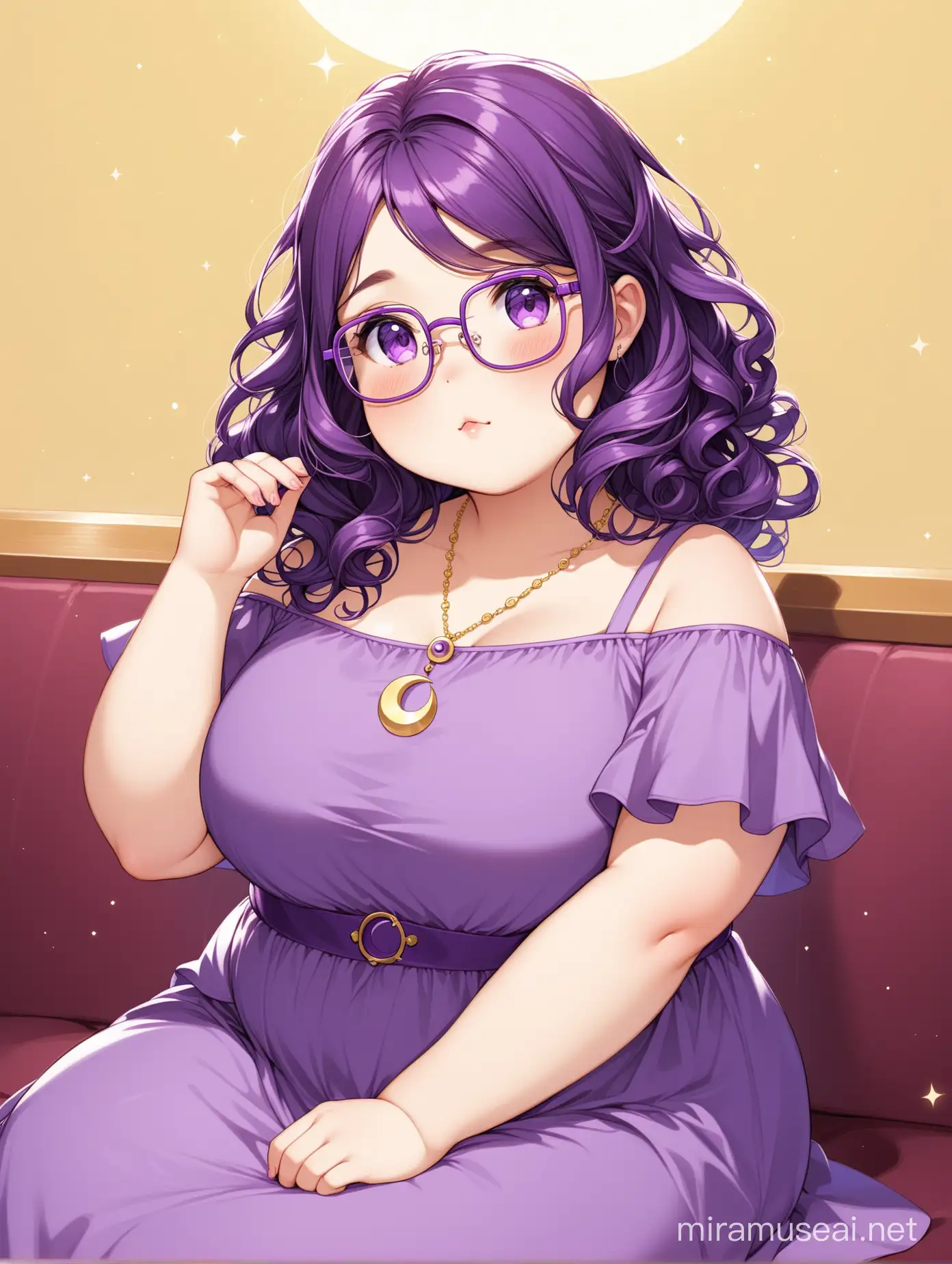 Cute, slightly chubby girl with square glasses, curly purple hair, wearing a purple dress and crescent noon necklace 