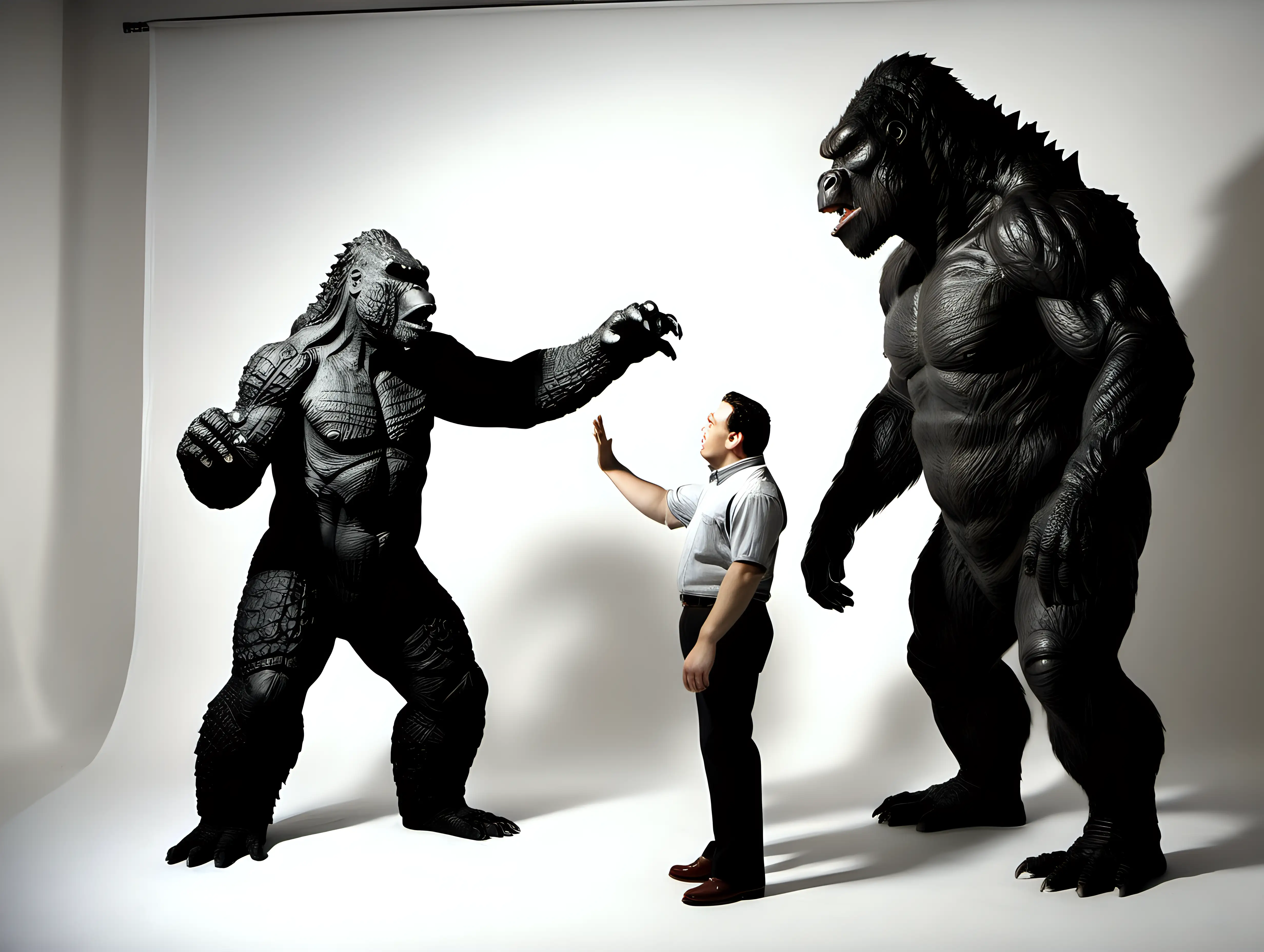 Godzilla and King Kong photographed in a portrait studio