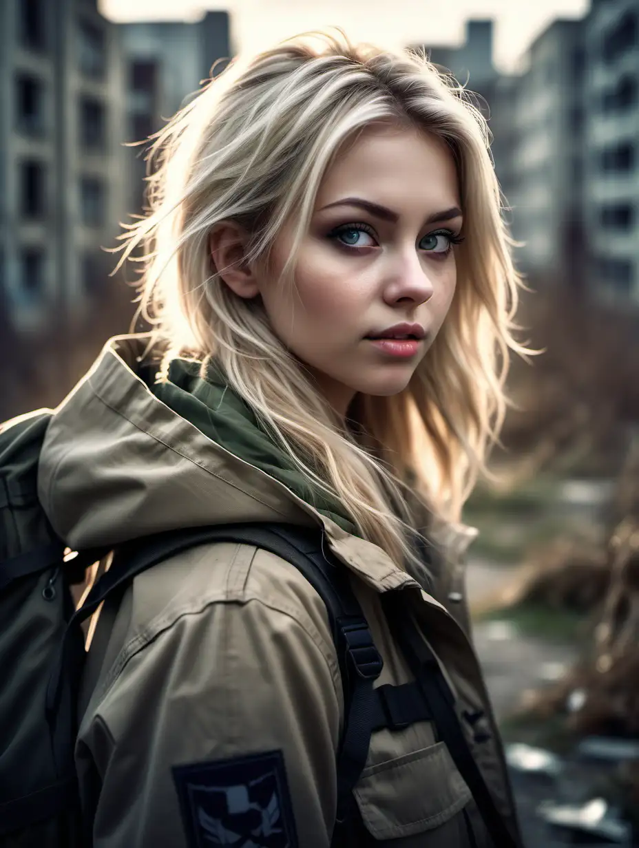 Beautiful Nordic woman, very attractive face, detailed eyes, big breasts, slim body, dark eye shadow, messy blonde hair, wearing a parka jacket and a military backpack, close up, bokeh background, soft light on face, rim lighting, facing away from camera, looking back over her shoulder, standing in front of an abandoned city covered in overgrowth , illustration, very high detail, extra wide photo, full body photo, aerial photo