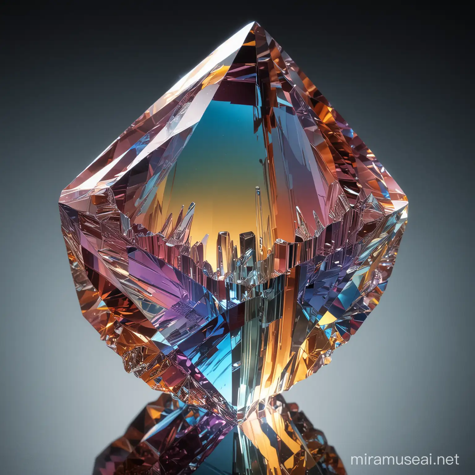 a stunning translucent crystal, with a shiny colorful crystal which is in it. the colorful reflections are visible, and looks like a ray tracing image.