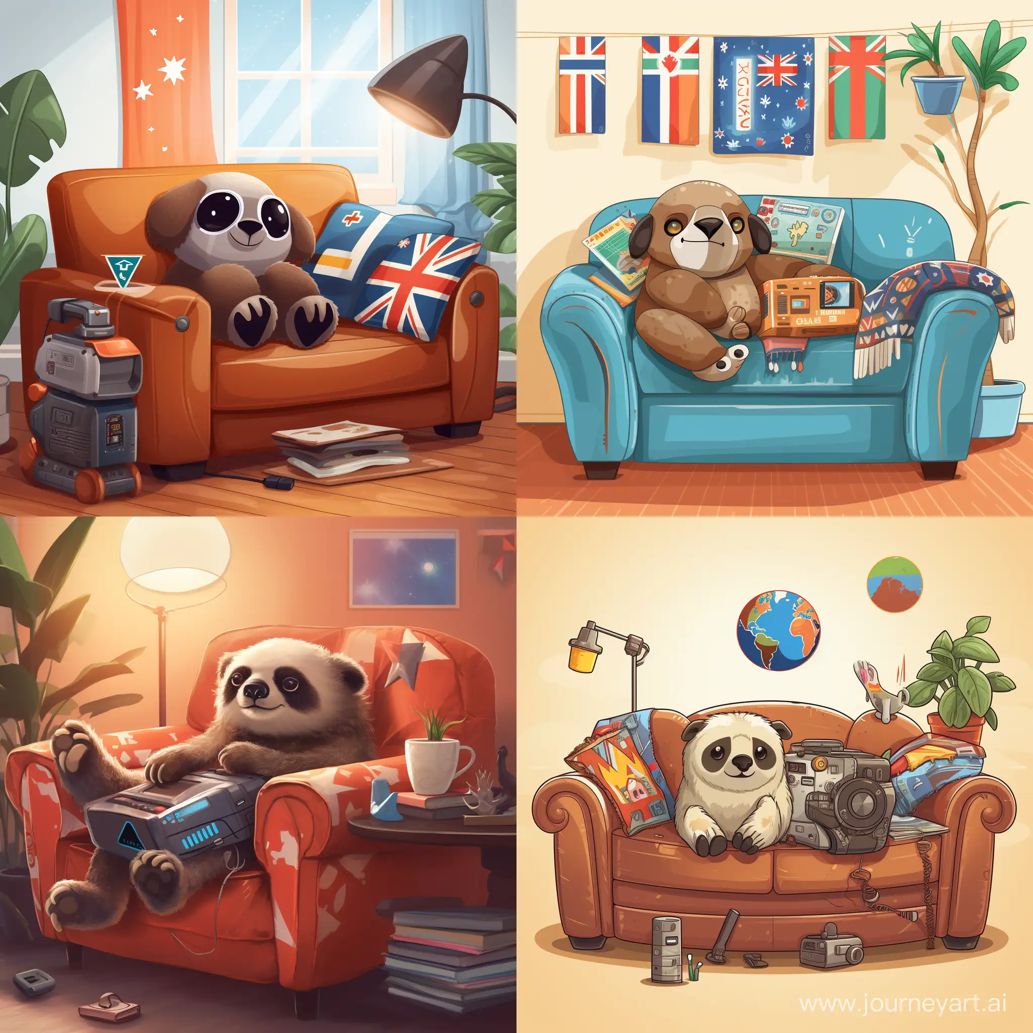 Cute robot animal on couch. Happy, resting, slothful, indolent. Include localization, globe, countries, languages and flags.