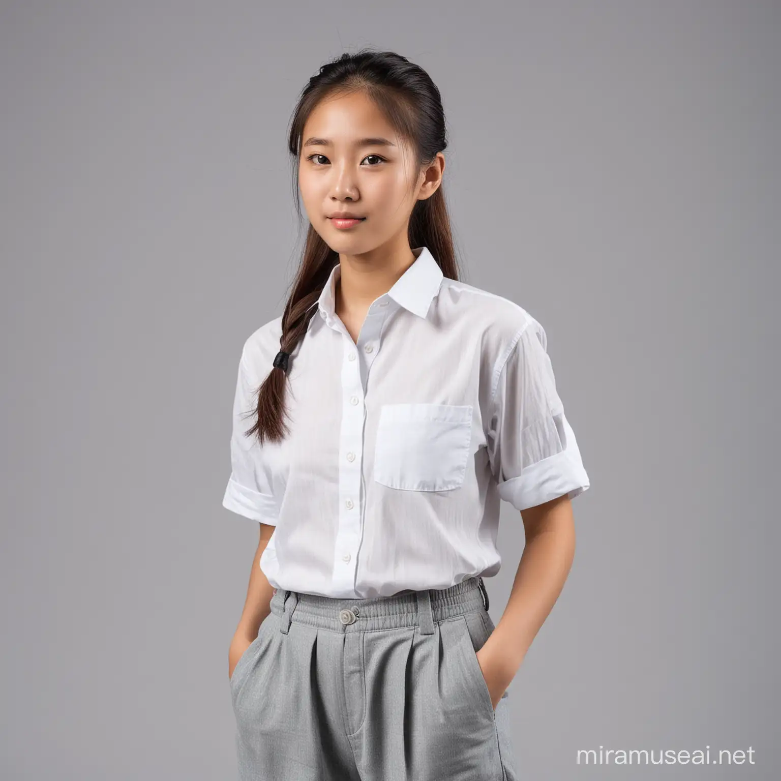Young Asian Girl with Ponytail Wearing Casual Attire