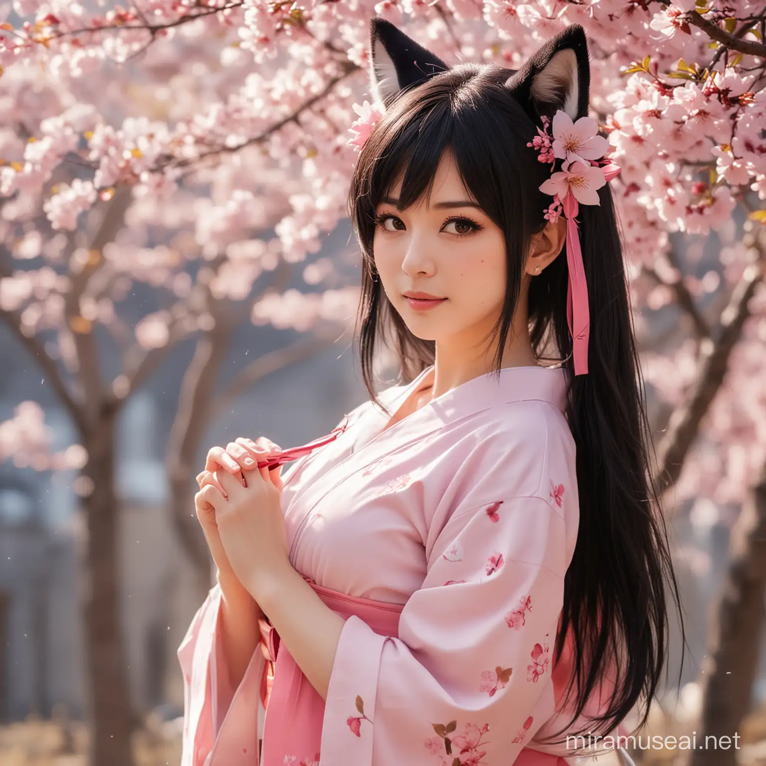  Mature Female, Best Quality, 1girl, ahri, animal ears, fox ears, Face Marks, bangs,black hair, large breasts, blurry, blurry background, blush, branch, cherry blossoms, petals, pink flower, cleavage, depth of field, detached sleeves, floral background, hanami, small breasts,  solo, spring \(season\)

young girl , short 155cm,  japanese ,  holding super big hammer, Yellow big bow-tie on the Heart