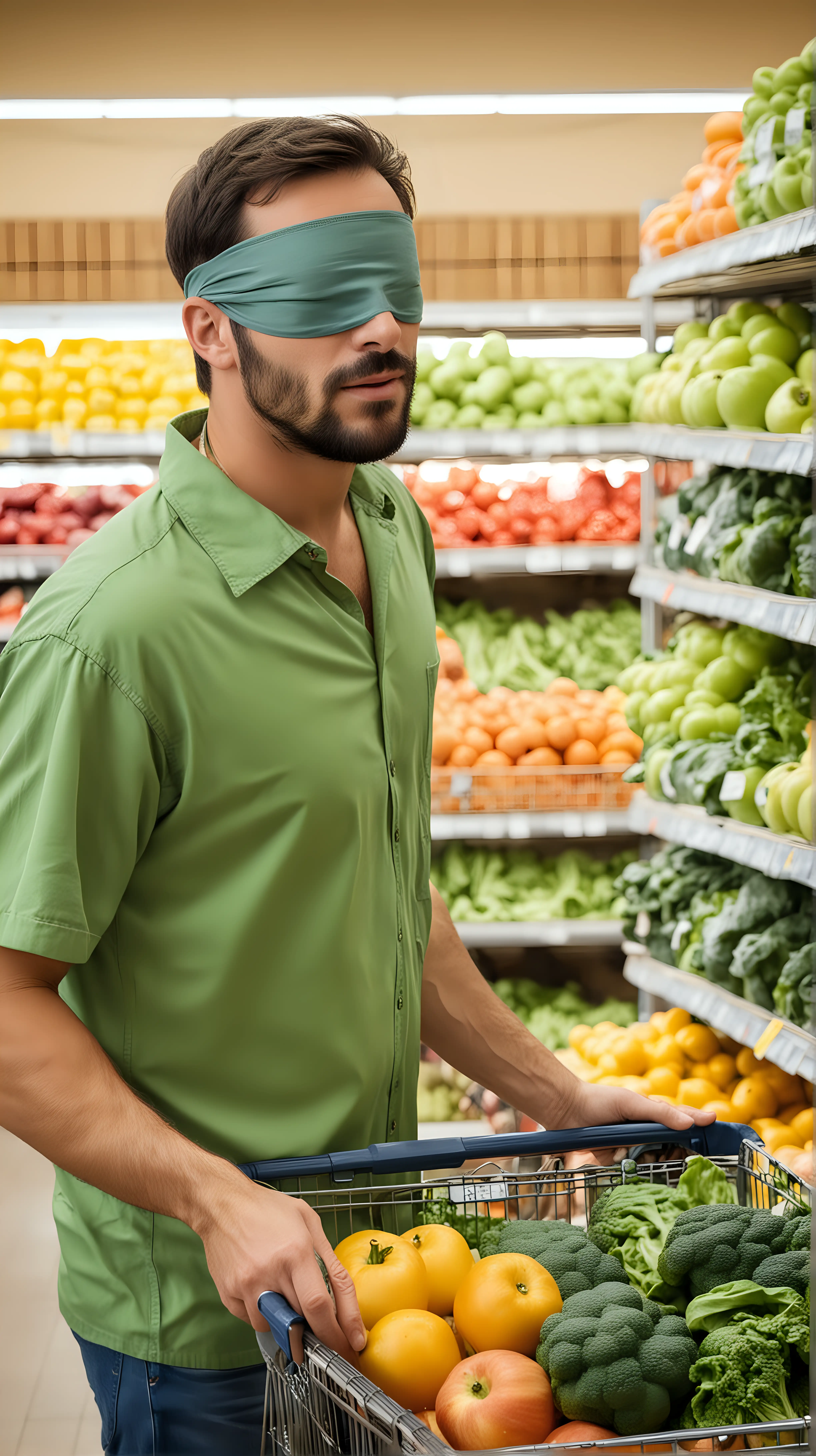 Blindfolded Man in Green Shirt Shopping in Grocery Store Produce Section