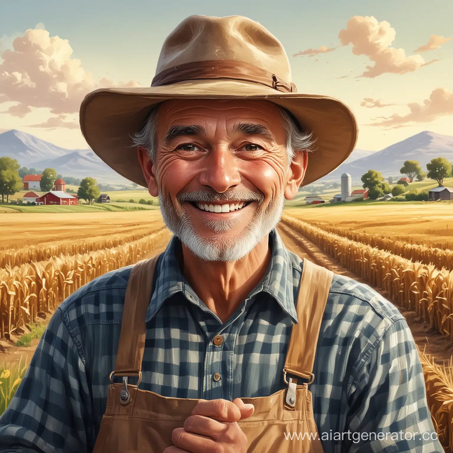 Нарисуй счастливого фермера на поле немного мультяшного 
