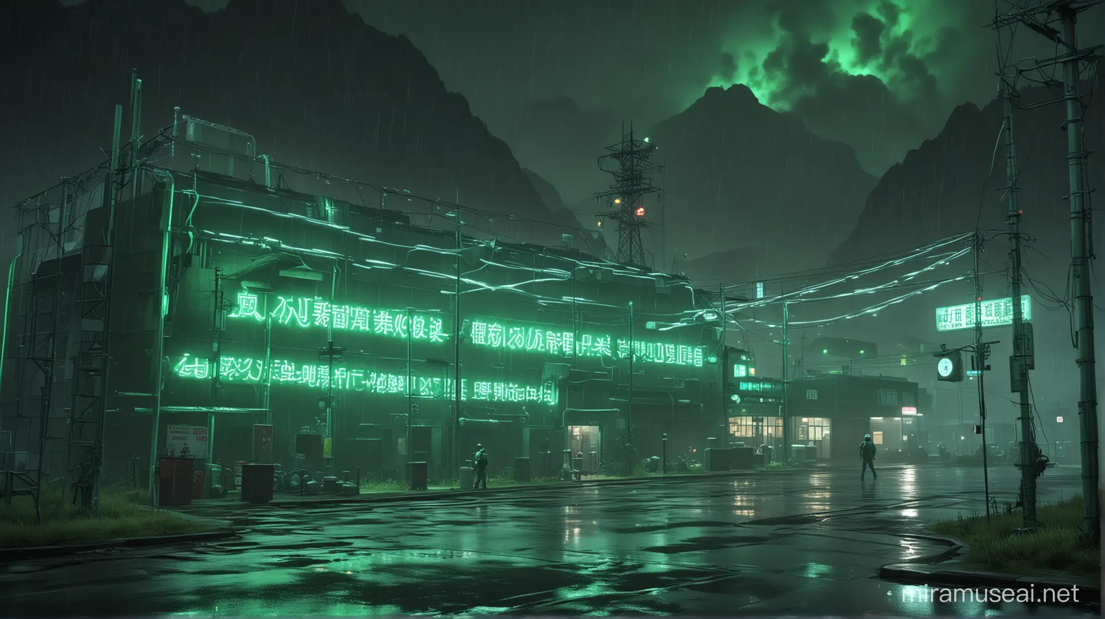 Atmospheric Realistic Research Center in Rainy Weather with Neon Lights
