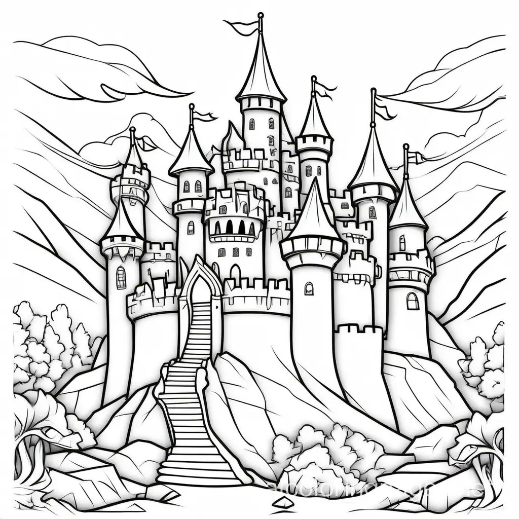 drgon castle, Coloring Page, black and white, line art, white background, Simplicity, Ample White Space. The background of the coloring page is plain white to make it easy for young children to color within the lines. The outlines of all the subjects are easy to distinguish, making it simple for kids to color without too much difficulty