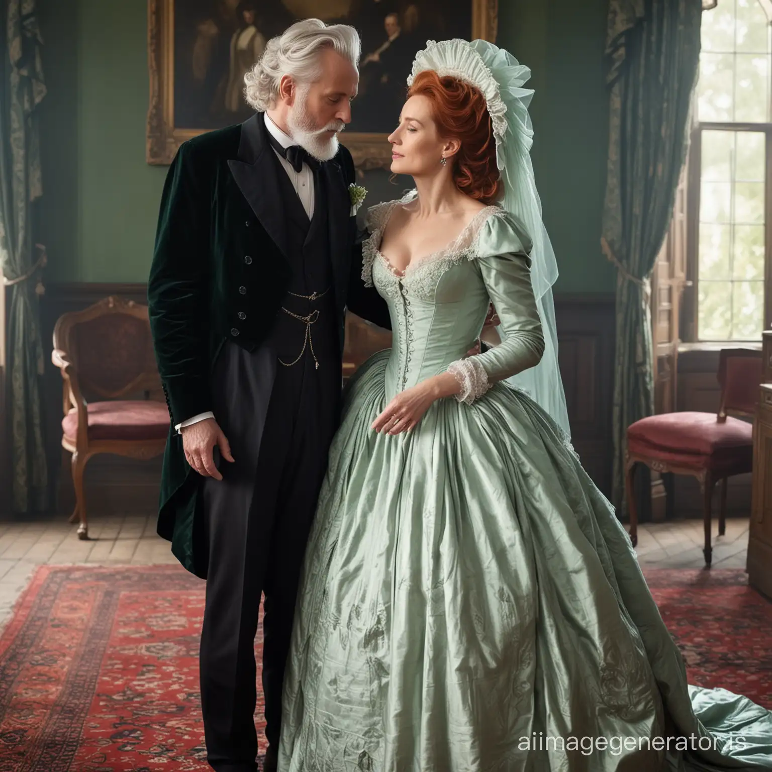 red hair Gillian Anderson wearing a poofy dark emerald floor-length loose billowing 1860 victorian crinoline dress with  a frilly bonnet kissing an old man dressed in victorian black suit who seems to be her newlywed husband