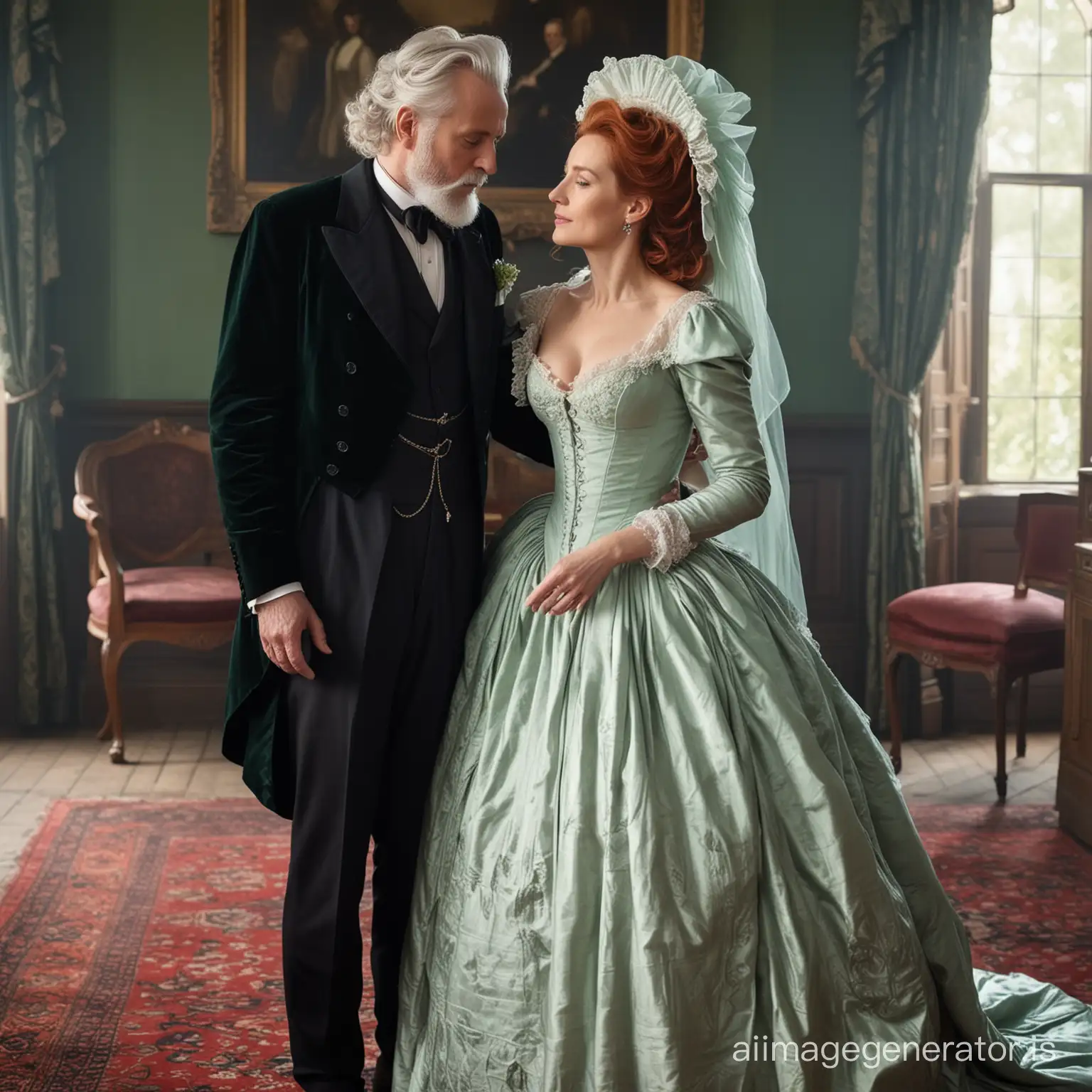 red hair Gillian Anderson wearing a poofy dark emerald floor-length loose billowing 1860 victorian crinoline dress with  a frilly bonnet kissing an old man dressed in victorian black suit who seems to be her newlywed husband
