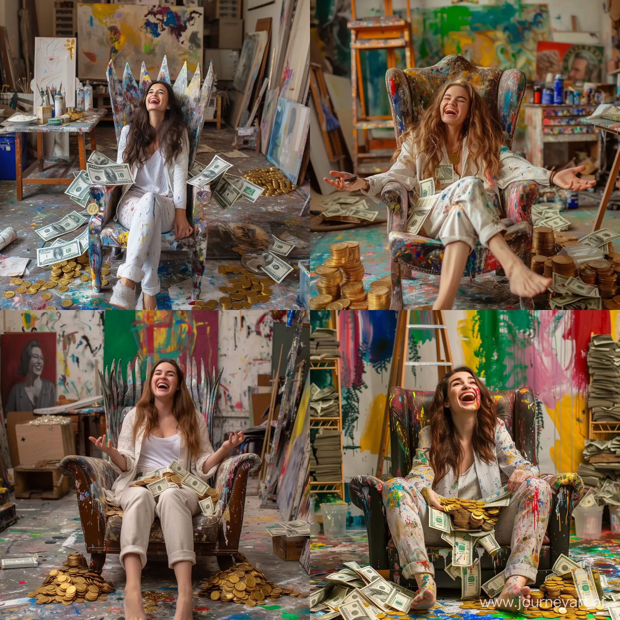 joyful, excited female artist, sitting in throne-like chair in artist studio, with piles of cash and gold coins around her