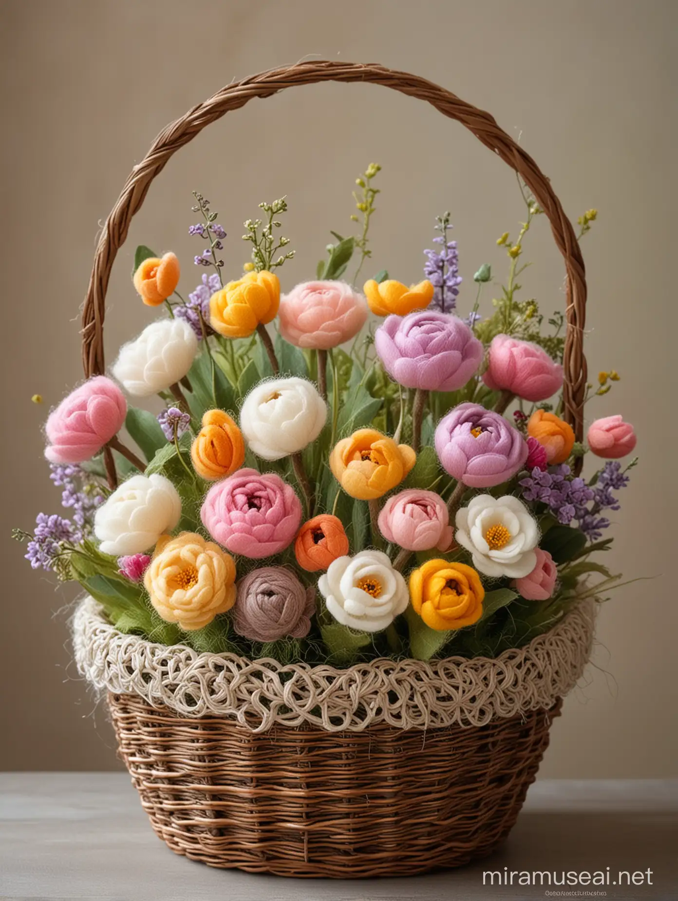 Elegant Spring Fairy Wool Bouquet in Willow Basket