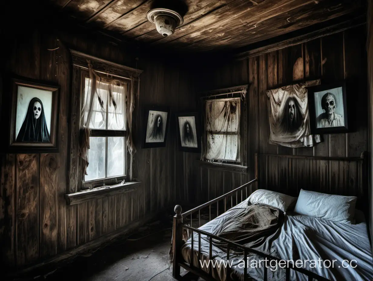 old wooden house, bed near the window, scary portraits on the walls
