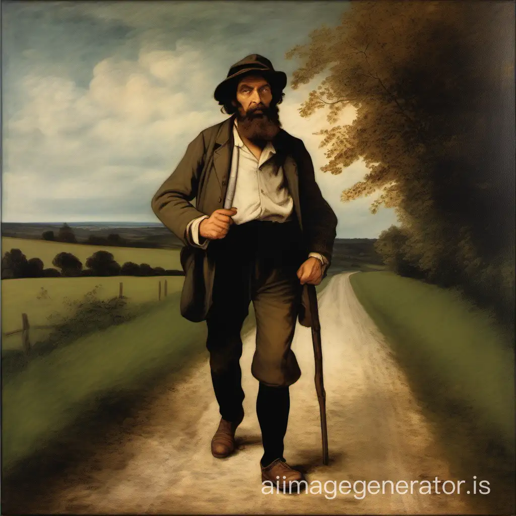 Représenter un homme de 48 ans, de taille moyenne, robuste, marchant sur un chemin de campagne, au 19è siècle,  dans le style d'une peinture de Courbet.