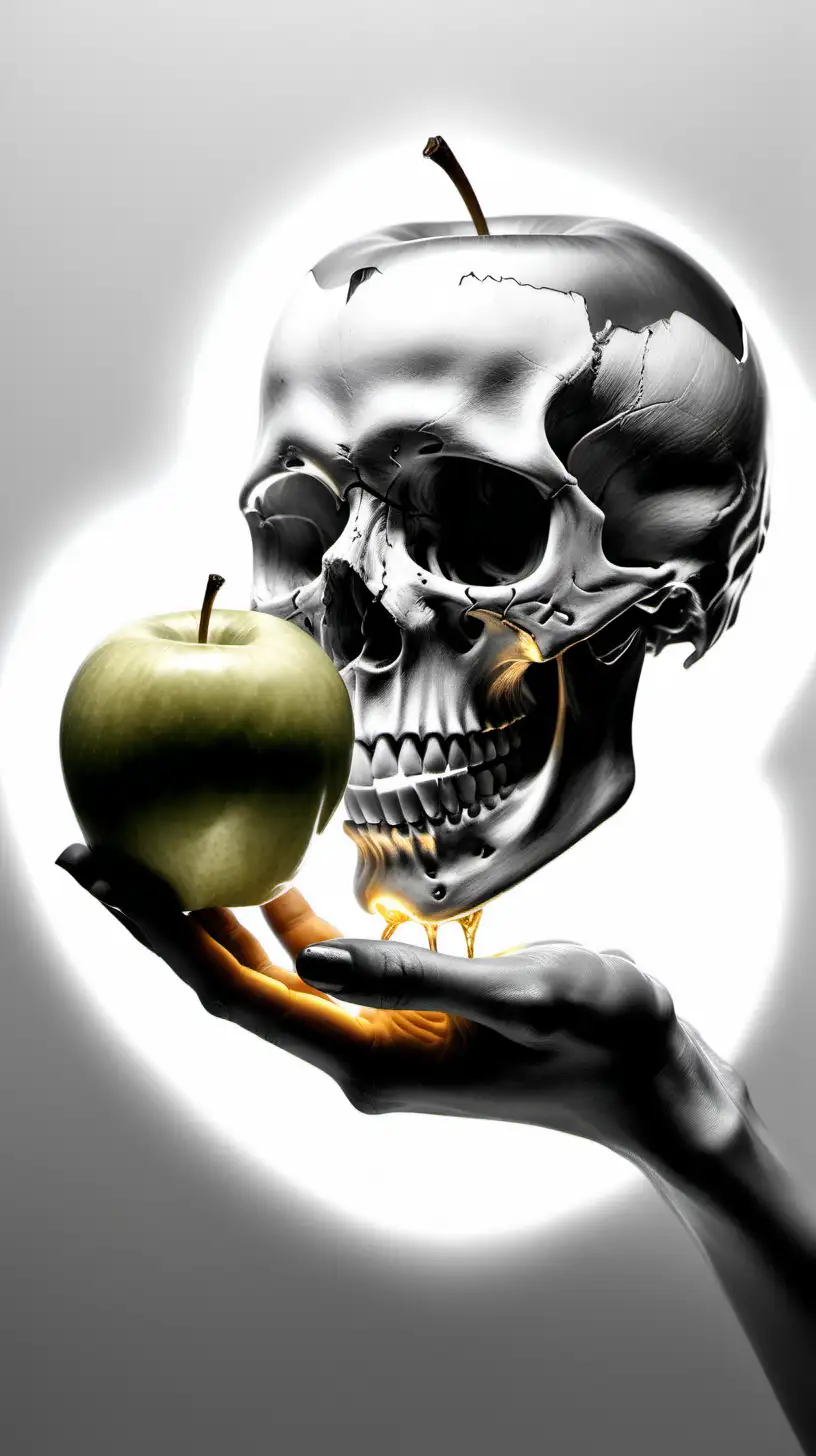 A hyper realistic drawing featuring a  female hand offering a bitten apple and the image of a skull is seen in the reflection of light on the apple.
[black and white and gold]
white empty background