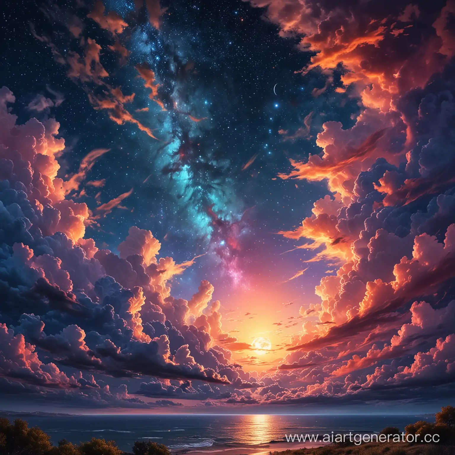 Romantic-Sunset-Under-a-Starry-Sky-with-Bright-Clouds-and-Moon