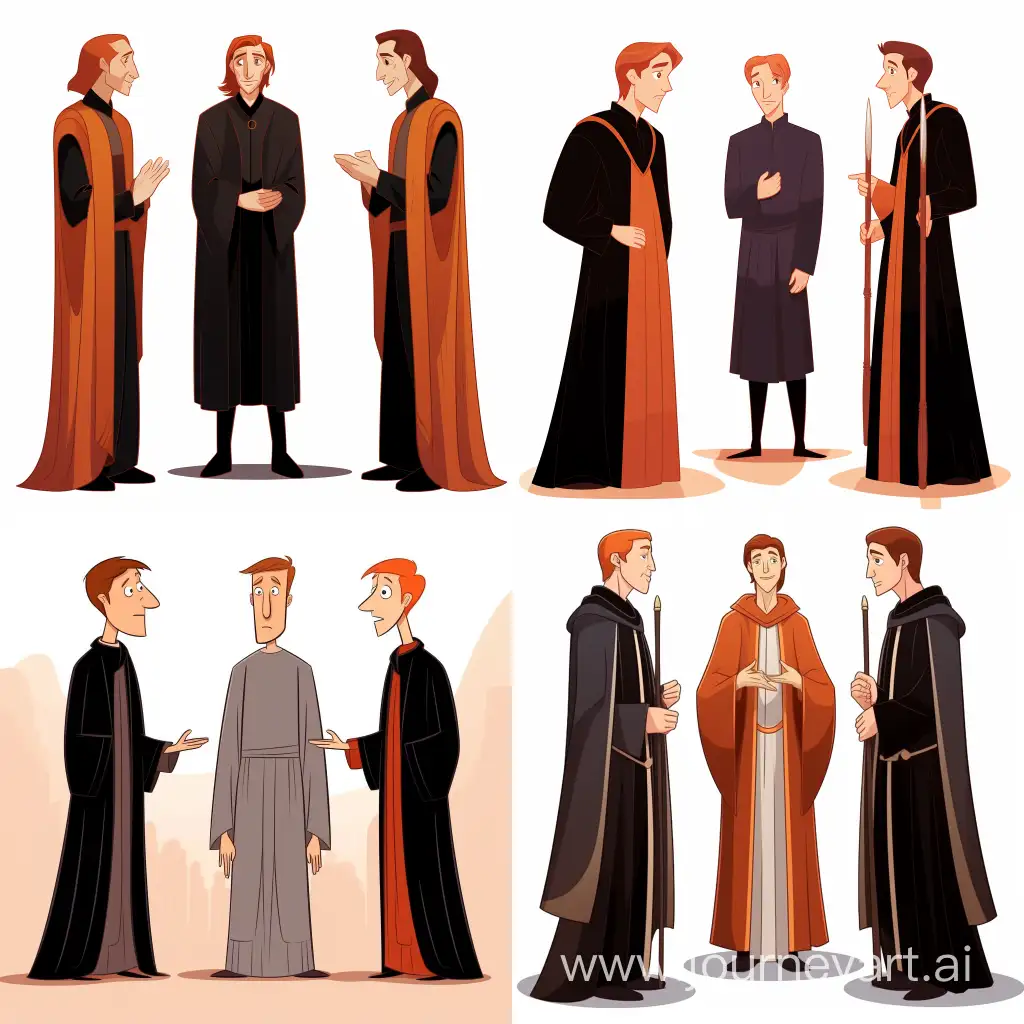 George and Fred Weasley, young, tall, thin, with shoulder-length red hair, wearing robes, standing full-length, talking to their father Arthur Weasley, on white background, cartoon style