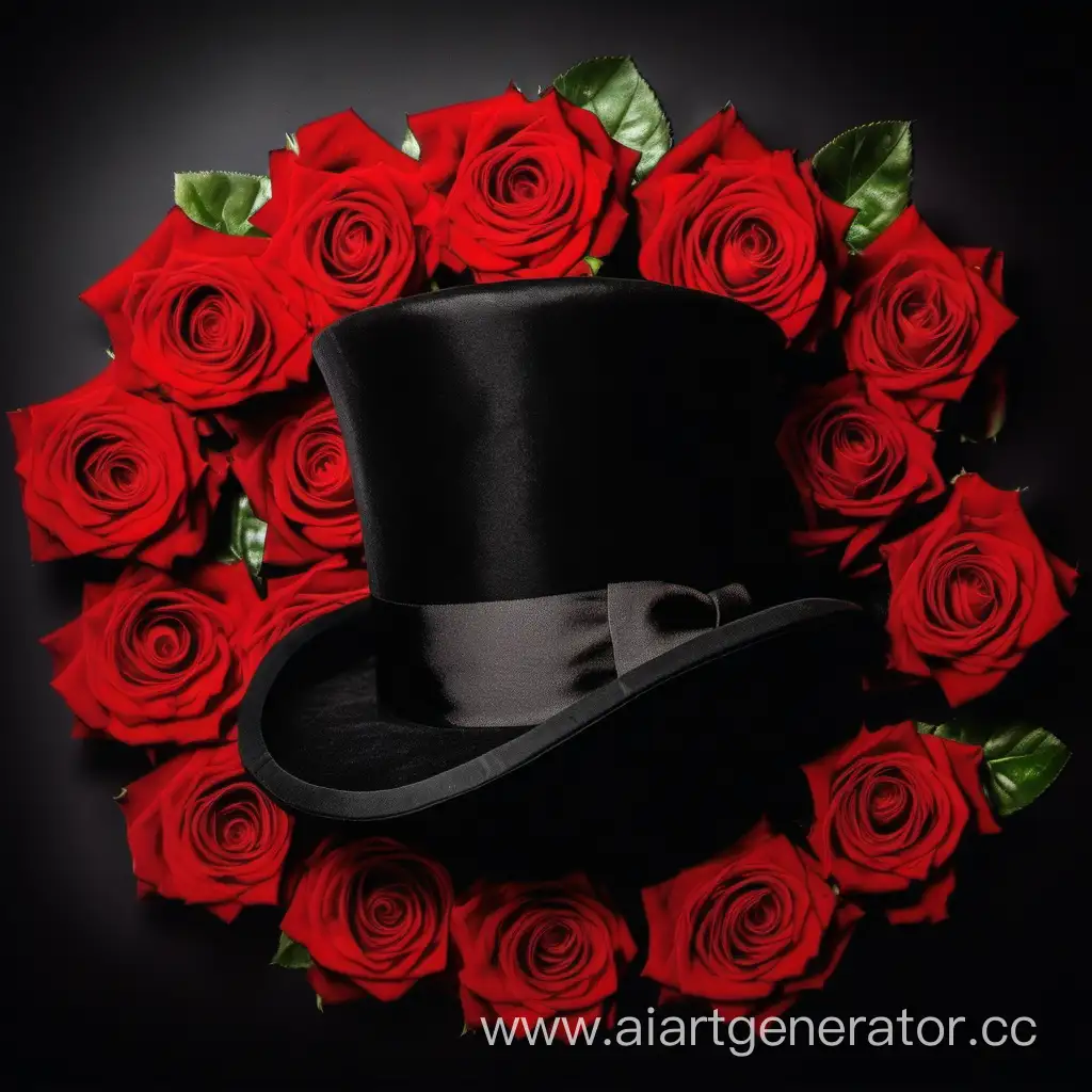  A black top hat with gentelman costume under it. in the middle of red roses, on a black background. On black background