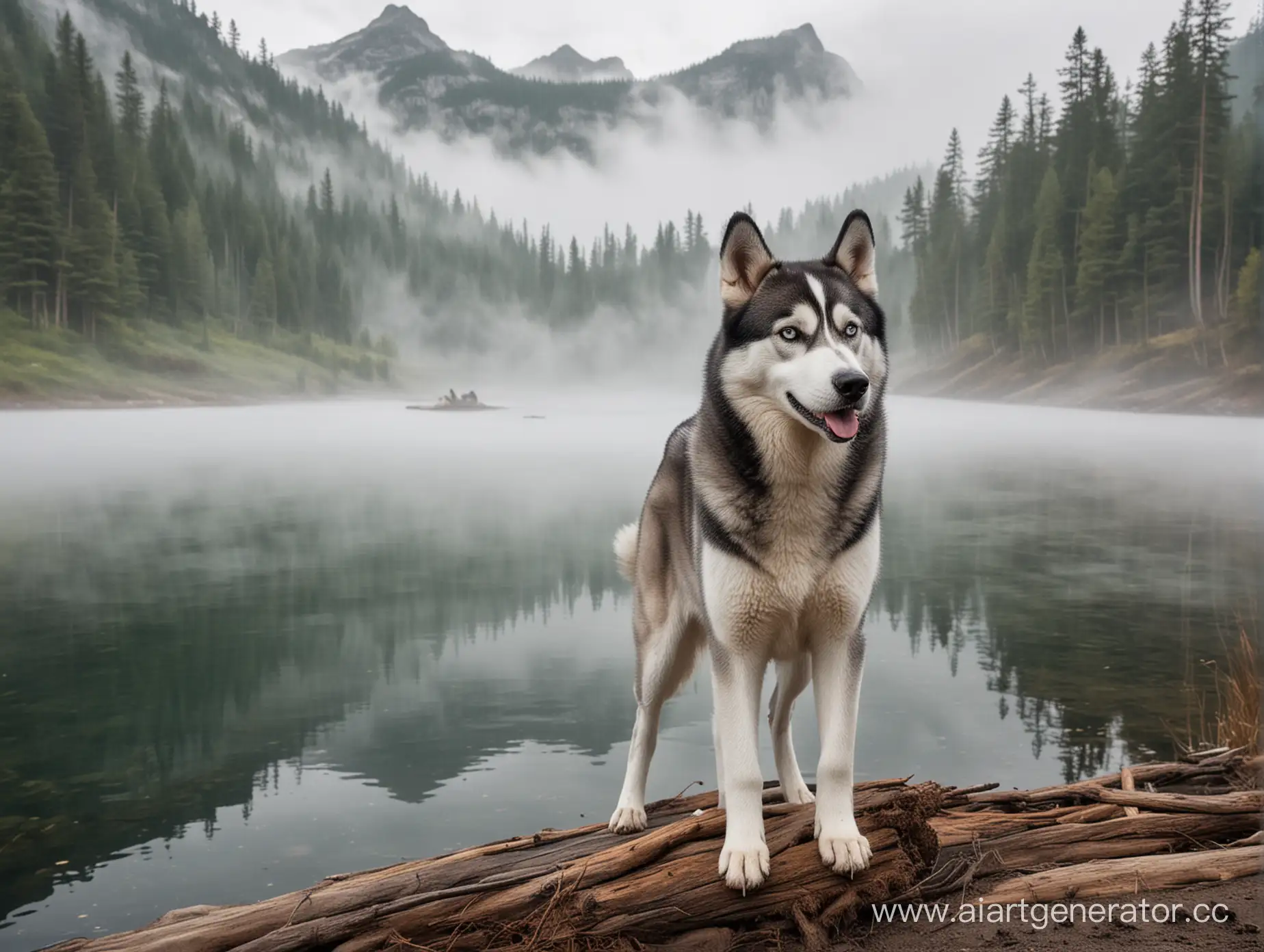 Majestic-Husky-Overlooking-Misty-Mountain-Forest-by-the-Lake