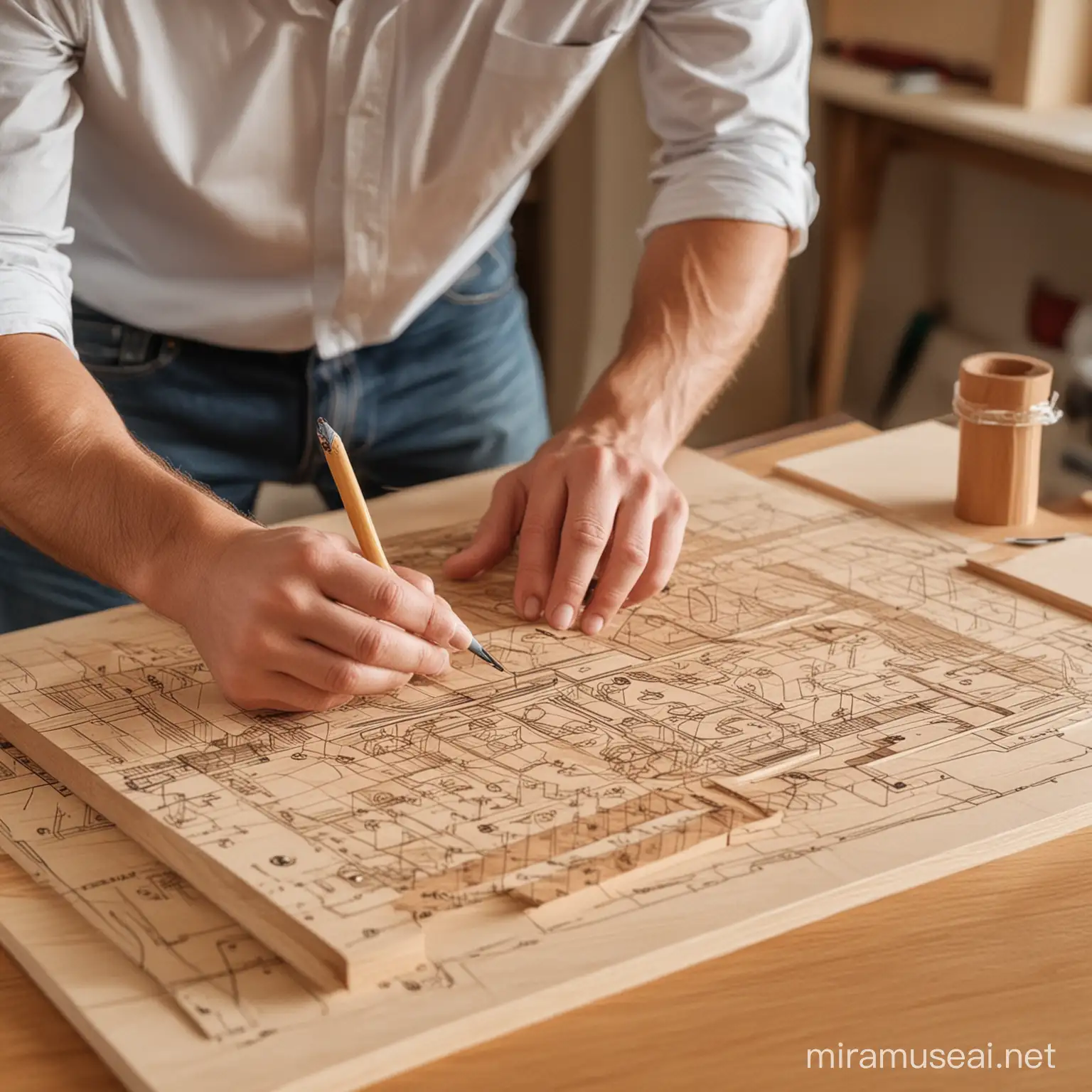 a man creating a woodworking plan and design , paper, pencil etc