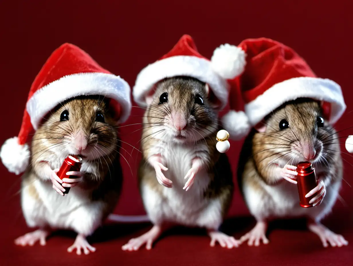 Mice Celebrating Christmas Party in Festive Santa Hats