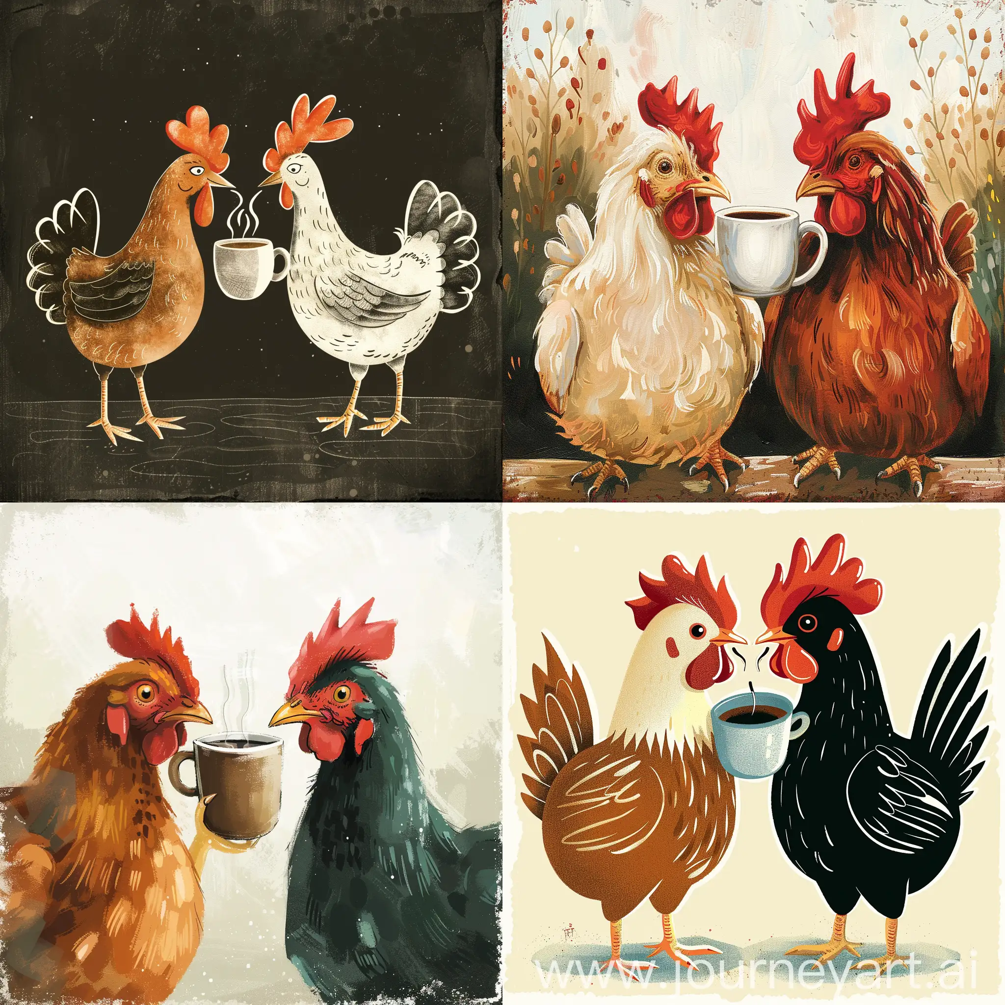 two chickens drinking coffee