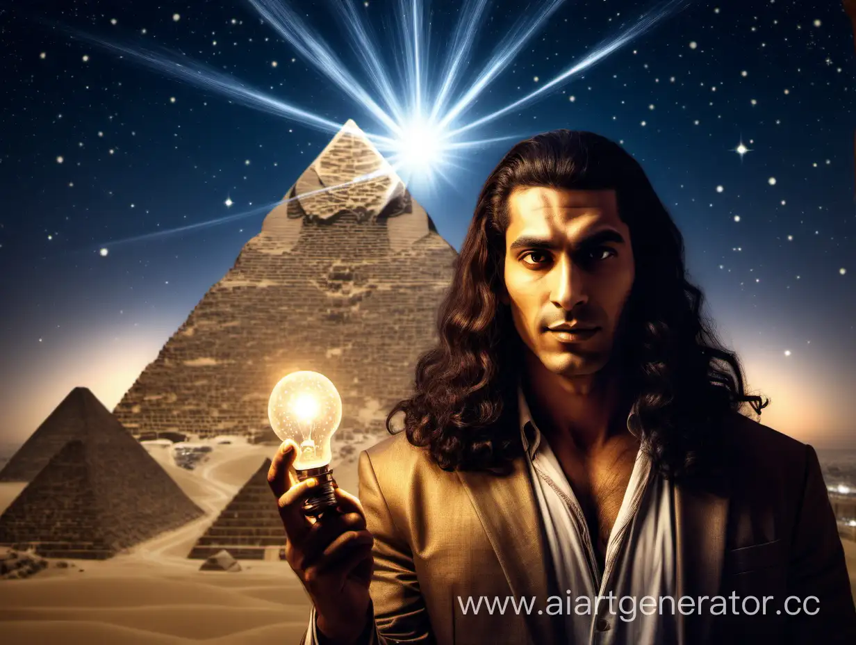 Мужчина с длиными волосами бог Египта депжит в руках лампочку на фоне пирамид и звезного неба